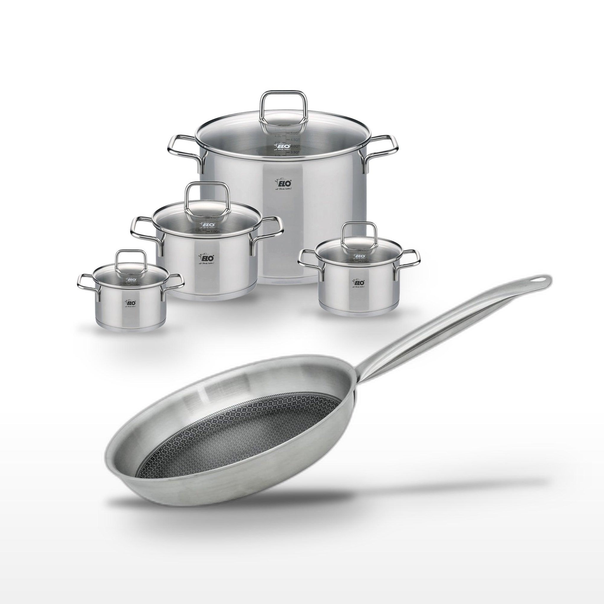 ELO Batterie de cuisine avec 1 poêle de cuisson 28 cm et 4 faitouts 14/16/20/26 cm en inox et aluminium sans pfas elo collection relief solution citrin