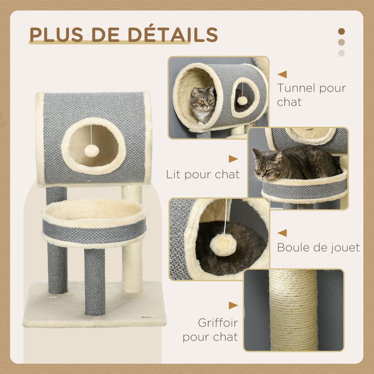 PAWHUT Arbre à chat style cosy chic griffoir sisal naturel plateforme tunnel jeu boule peluche courte aspect lin tressé gris