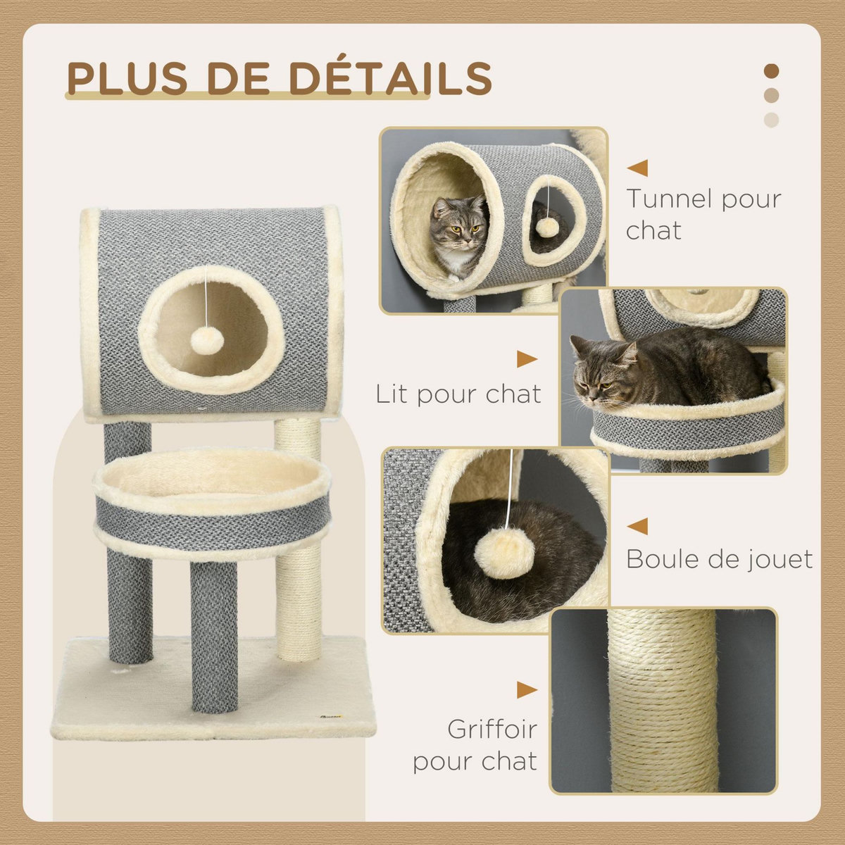 PAWHUT Arbre à chat style cosy chic griffoir sisal naturel plateforme tunnel jeu boule peluche courte aspect lin tressé gris