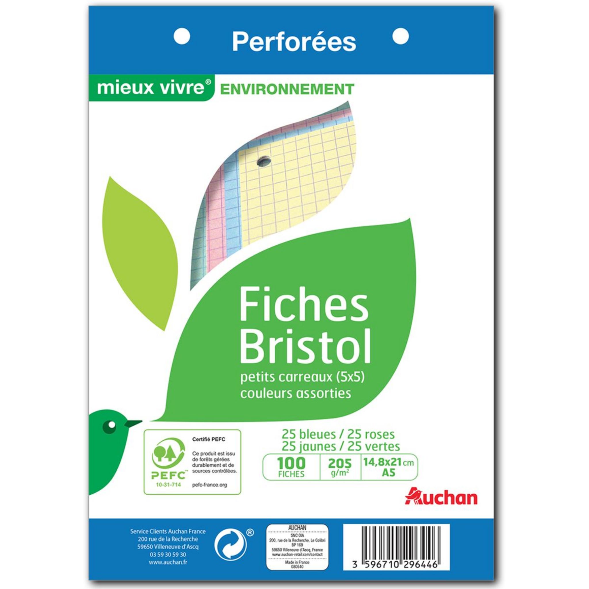AUCHAN Lot de 100 fiches bristol 14,8x21cm petits carreaux 5x5 perforées couleurs assorties