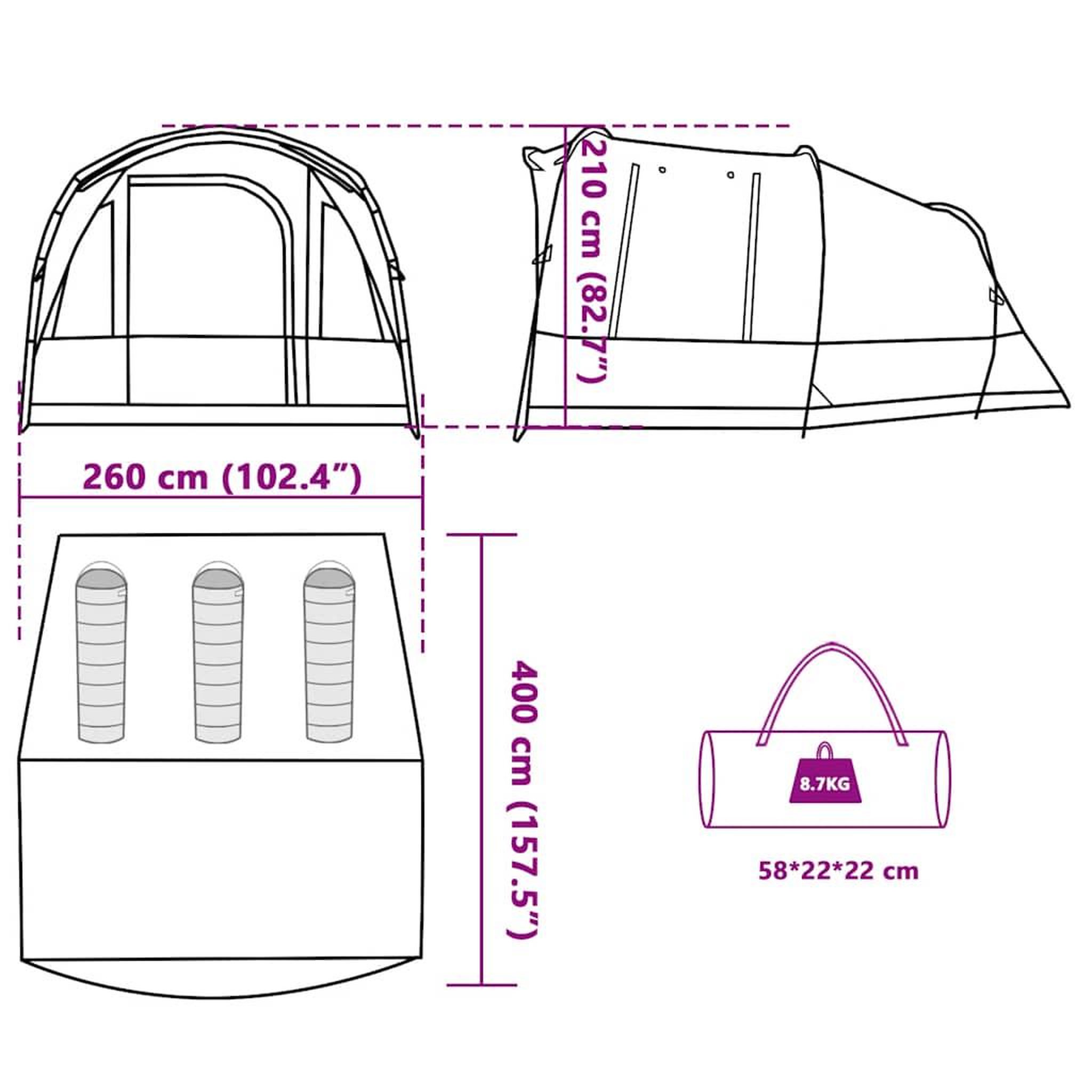 Voir la diapositive 6 : VIDAXL Tente de camping tunnel 3 personnes vert impermeable