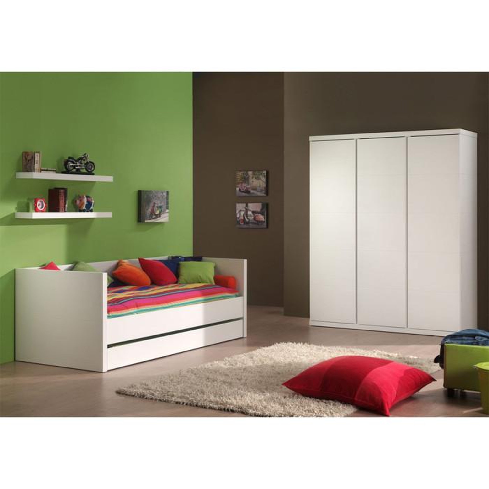 Voir la diapositive 1 : Paris Prix Pack - Lit Banquette Enfant, Tiroir, Armoire & Lot de 2 Étagères  Lara  Blanc
