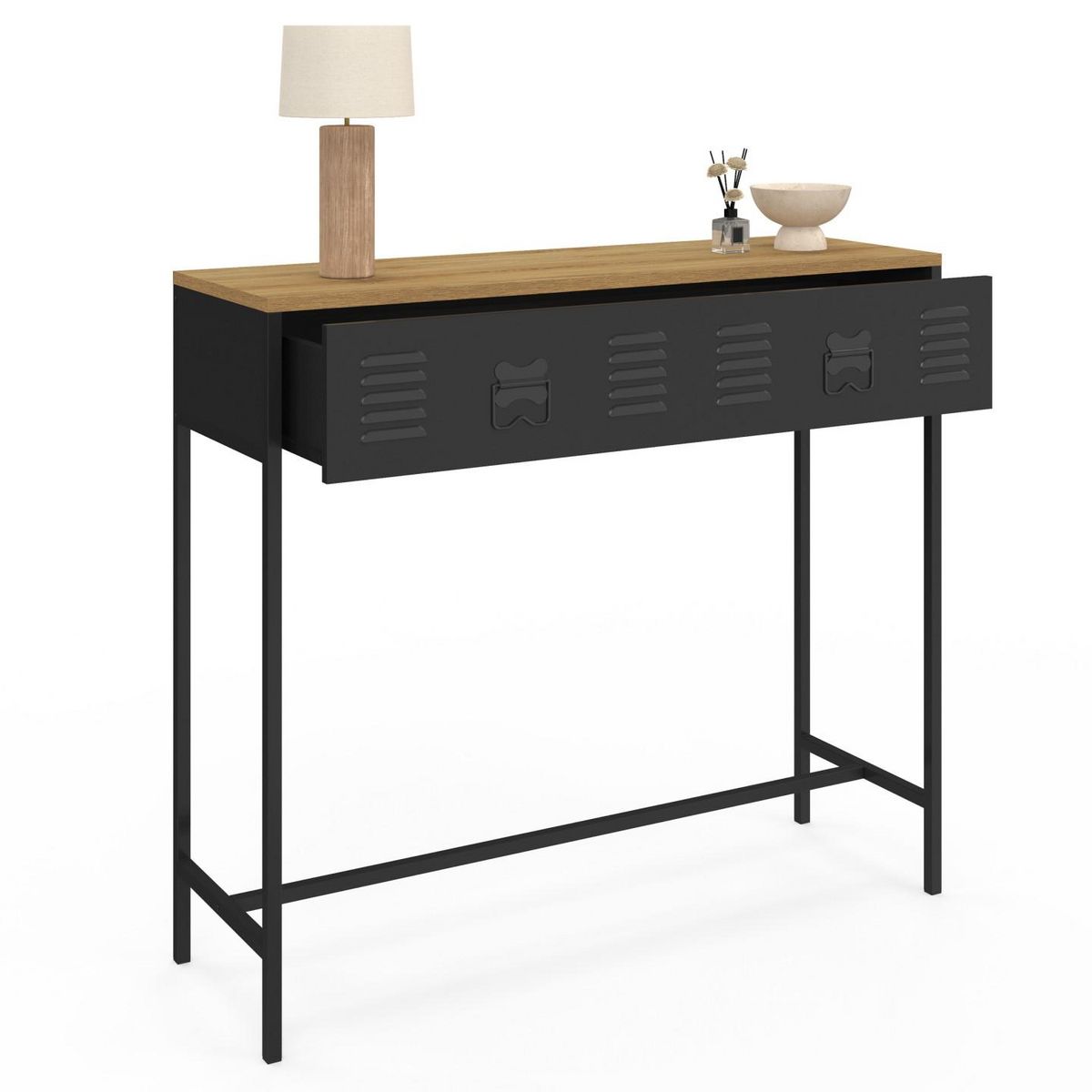 ID MARKET Console 1 tiroir ESTER métal noir plateau bois design industriel