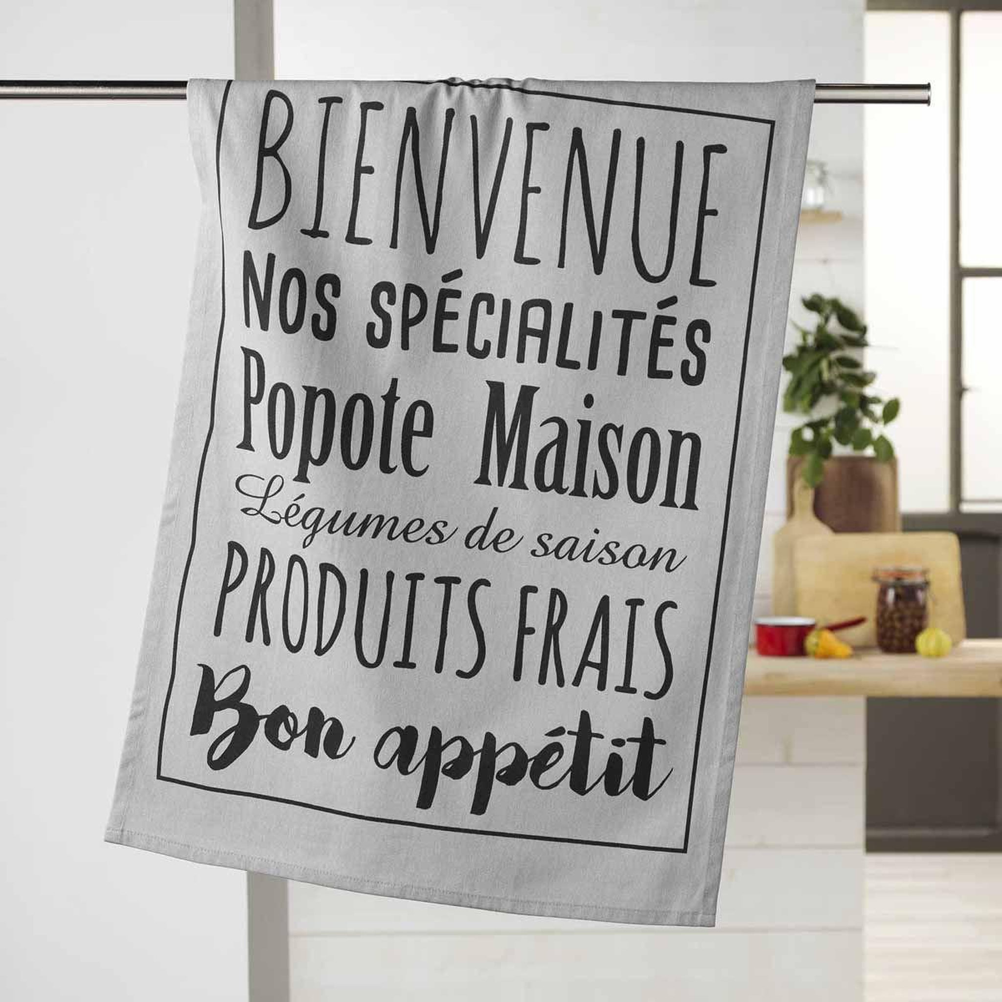 Voir la diapositive 2 : Douceur d'Intérieur Torchon de cuisine imprimé  popote  50x70cm gris