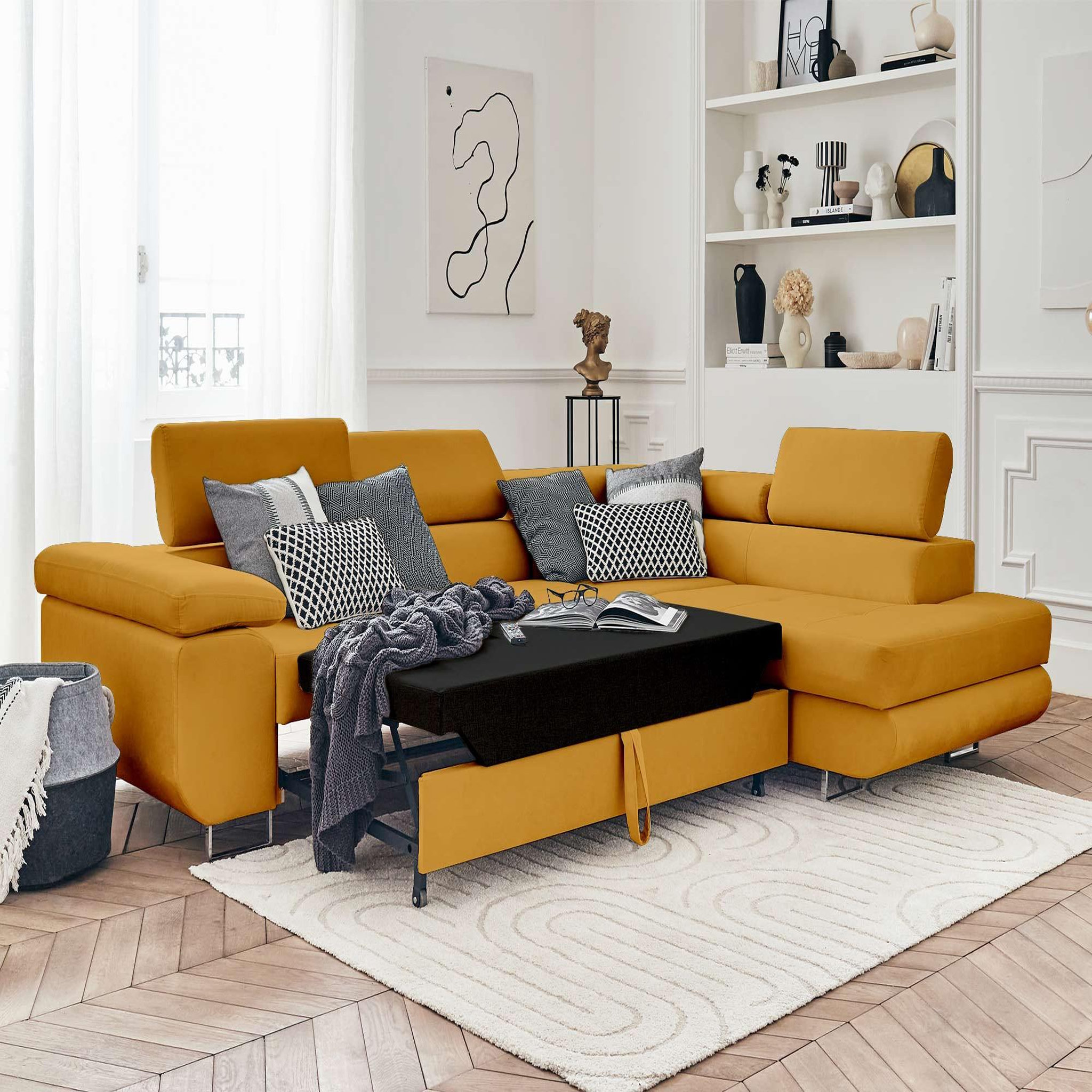 Voir la diapositive 2 : BEST MOBILIER Pablo - canapé d'angle droit - 5 places - convertible avec coffre et têtières réglables - en velours