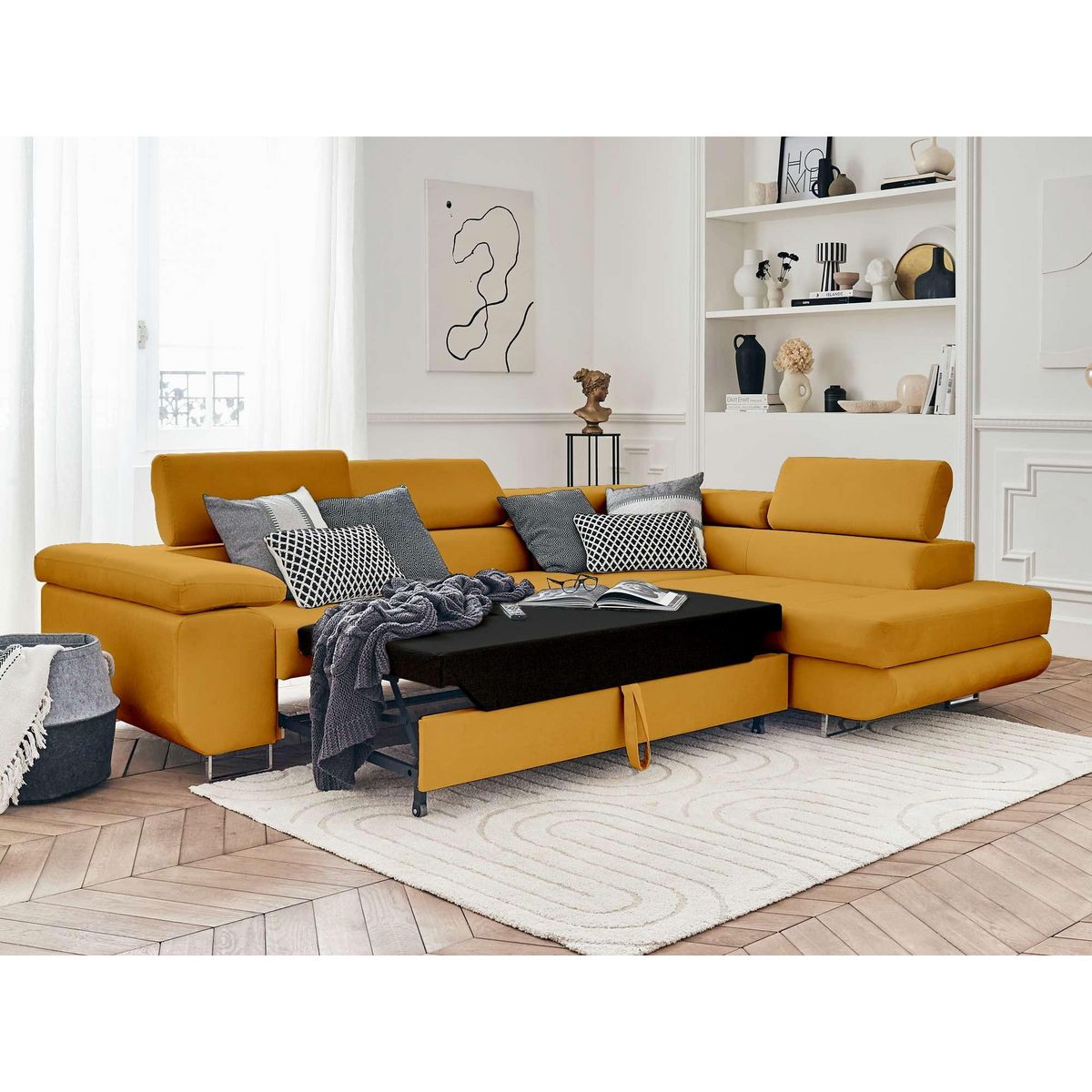 BEST MOBILIER Pablo - canapé d'angle droit - 5 places - convertible avec coffre et têtières réglables - en velours