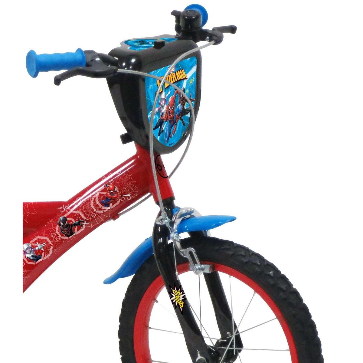 Marvel Vélo enfant - Modèle 16'' Spiderman + Casque pour enfant de 105/120 cm avec stabilisateurs - Plaque décorative avant - Porte bidon - 2 freins