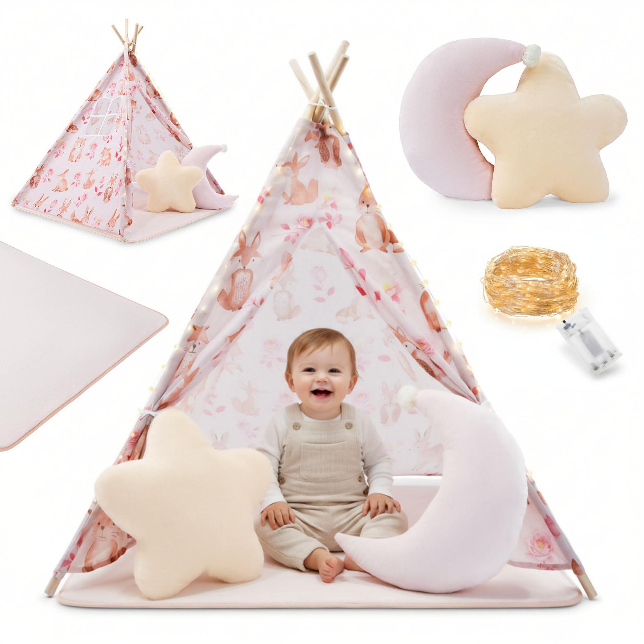 HYPERMOTION Tente Tipi Enfant en Bois Pin et Tissu Tapis Antidérapant LED 100x100cm Rose