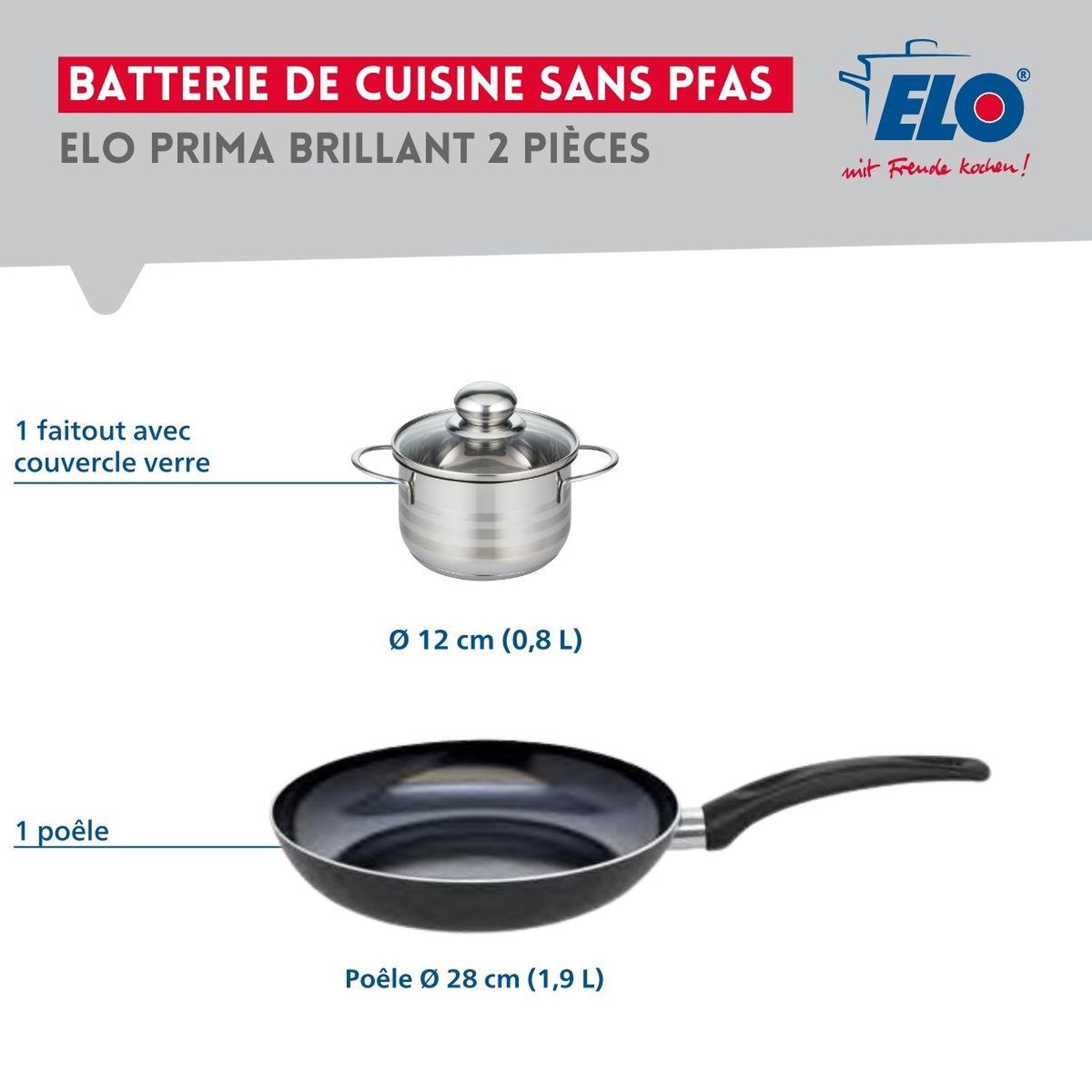 Voir la diapositive 2 : ELO Ensemble de 1 poêle de cuisson 28 cm et 1 faitout 12 cm elo prima brillant