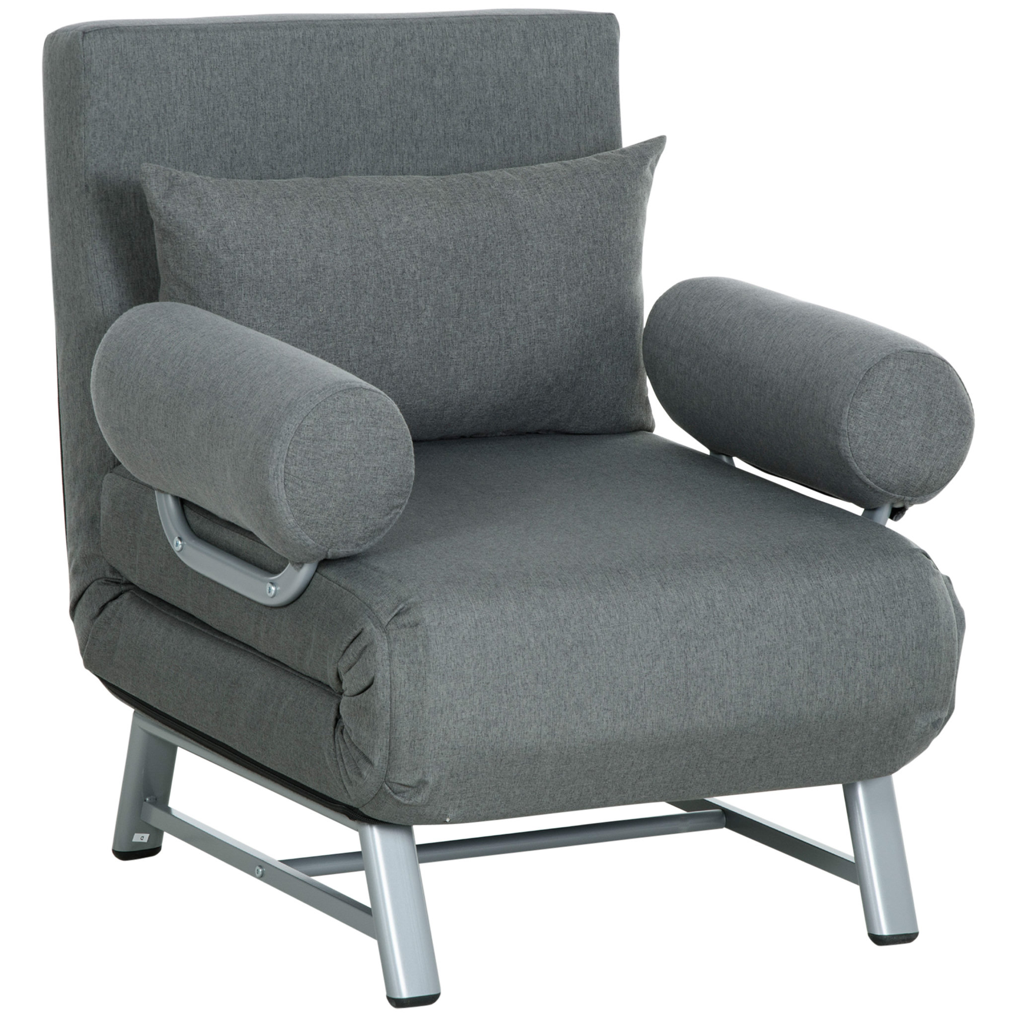 Voir la diapositive 1 : HOMCOM Fauteuil chauffeuse canapé-lit convertible inclinable 1 place grand confort coussin lombaires accoudoirs piètement métal lin gris foncé