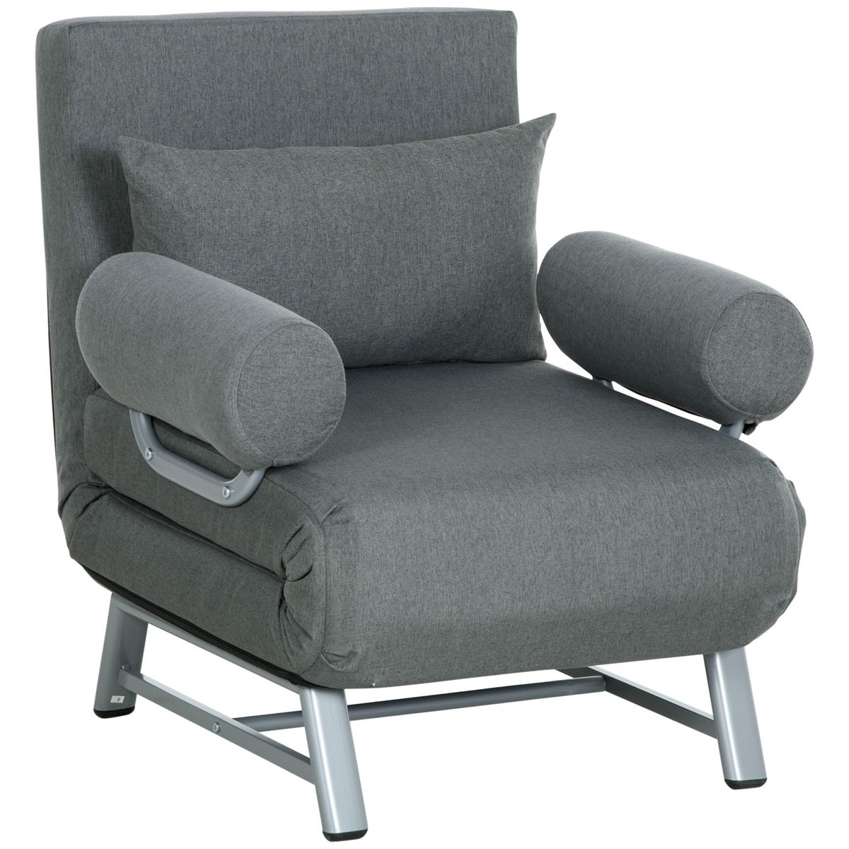 HOMCOM Fauteuil chauffeuse canapé-lit convertible inclinable 1 place grand confort coussin lombaires accoudoirs piètement métal lin gris foncé