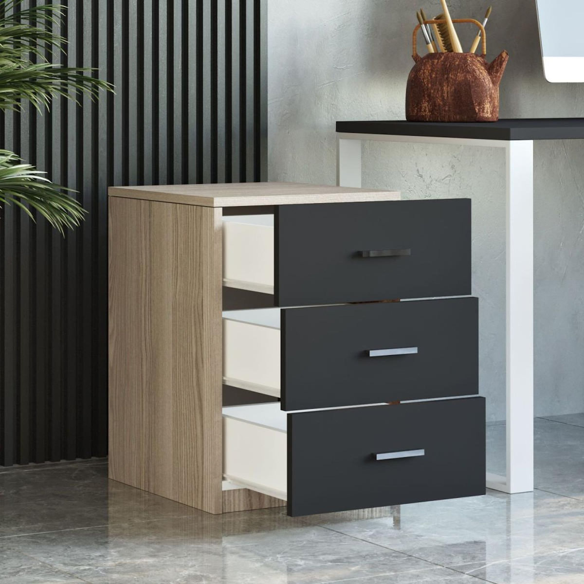 Paris Prix Table de Chevet 3 Tiroirs  Pearlie  61cm Naturel & Noir