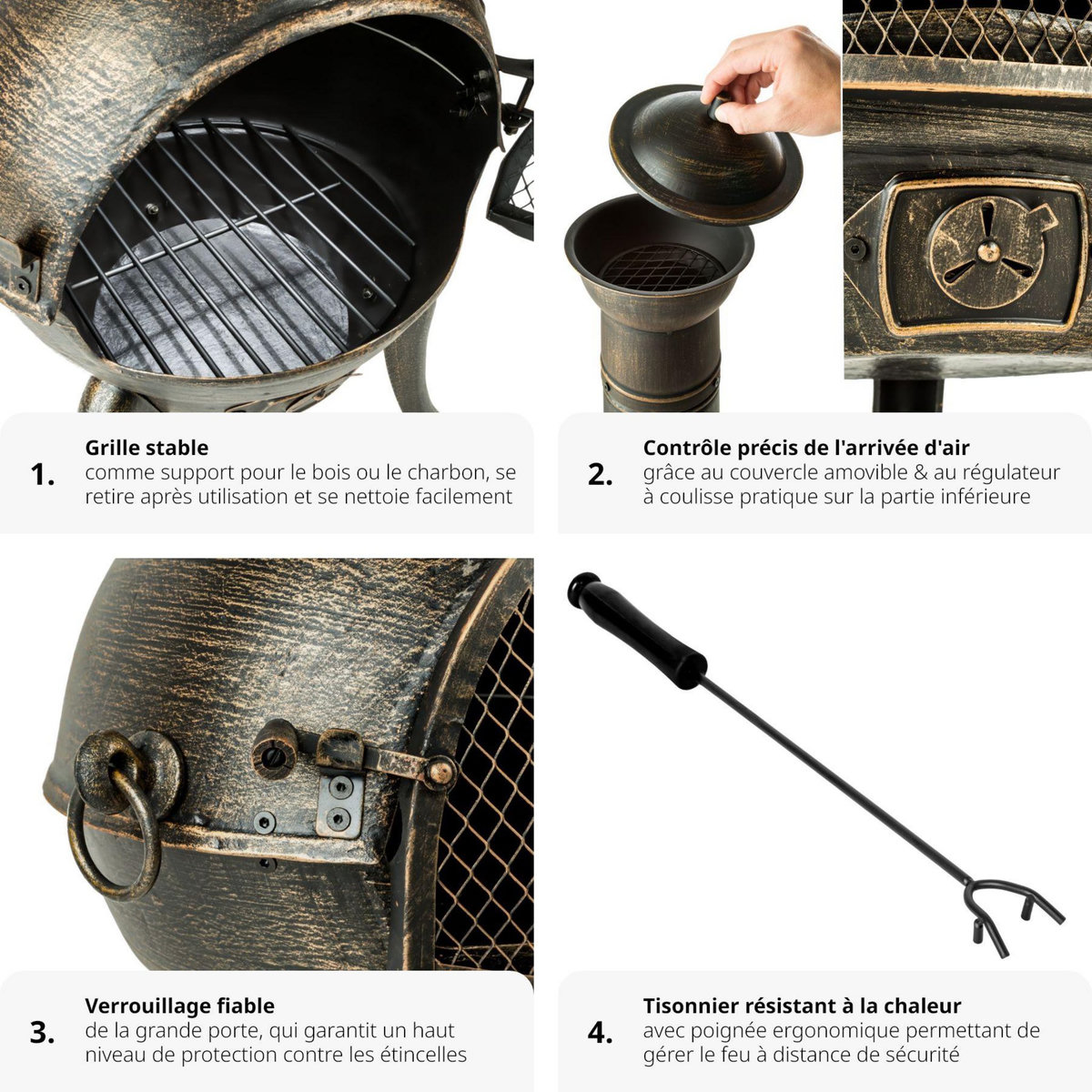 tectake Brasero en fonte avec grille anti-étincelles gris