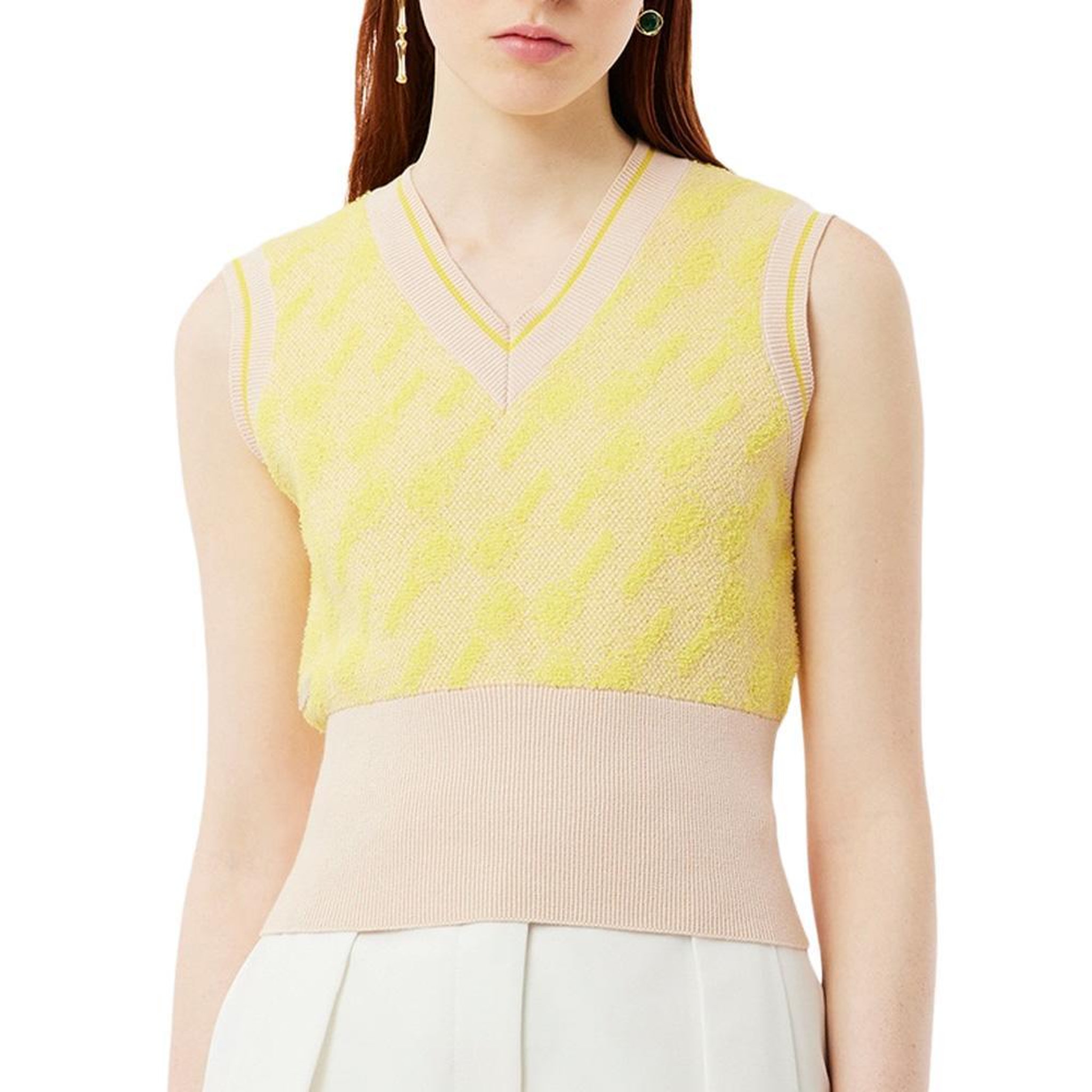 Lacoste Pull Sans Manche Beige/ Femme Lacoste Jacquard Graphic. Coloris disponibles : Jaune