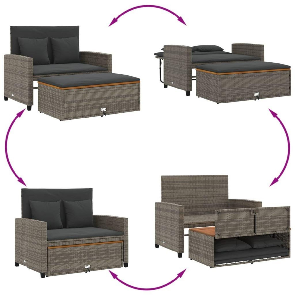VIDAXL Canape de jardin 2 places coussins gris resine tressee&acacia