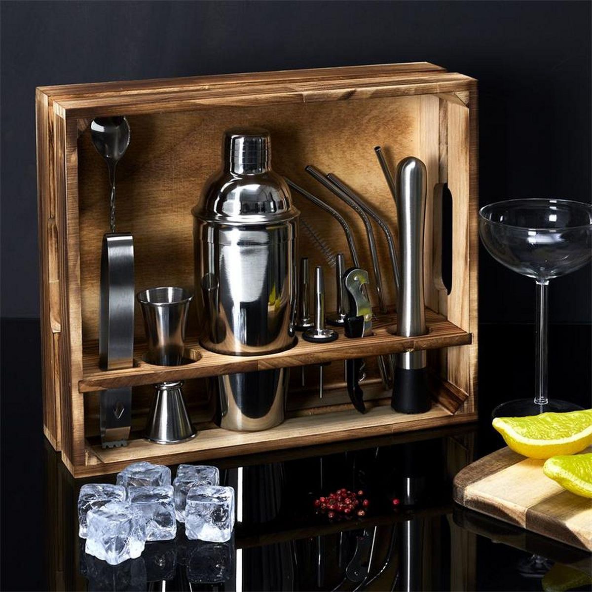 TOILINUX Set à cocktail avec 15 accessoires en acier inoxydable et un support en bois de Pin