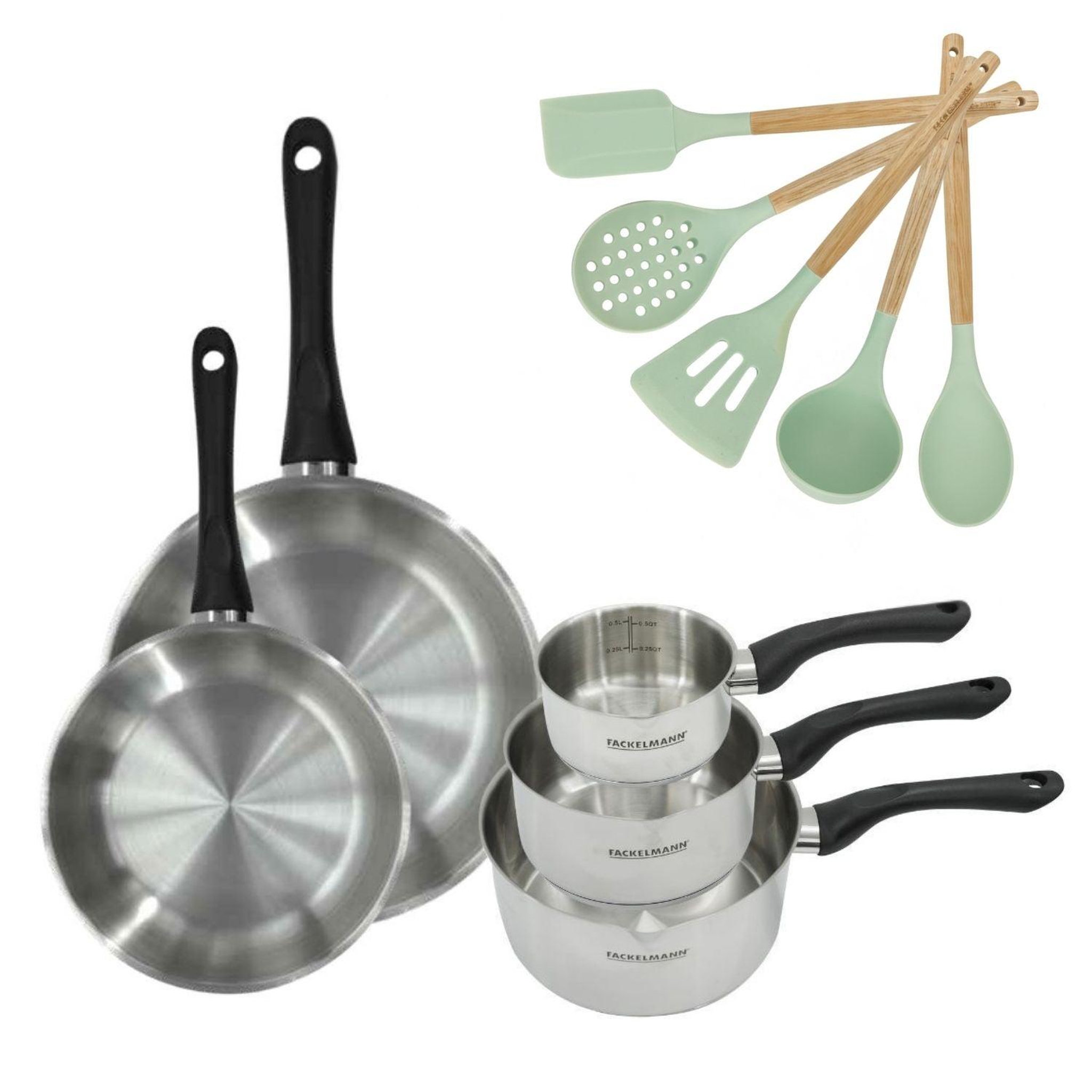 Fackelmann Batterie de cuisine avec 3 casseroles 12/16/20 cm et 2 poêles 24/28 cm et 5 ustensiles de cuisine sans pfas fackelmann généva océan