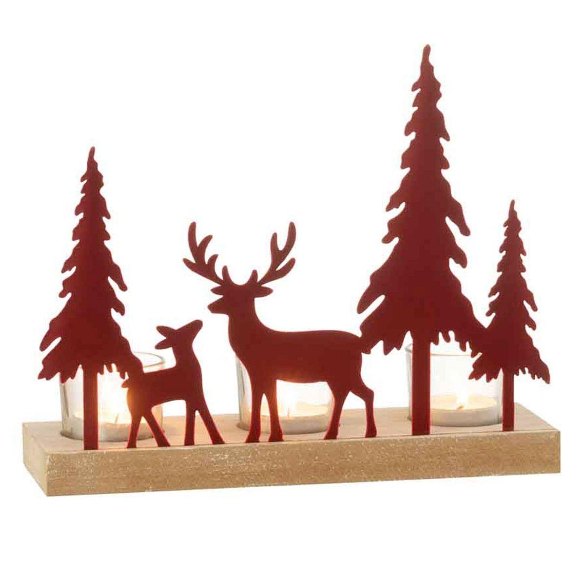 Voir la diapositive 2 : J-LINE Photophore 3 bougies  rennes & sapin  25cm rouge