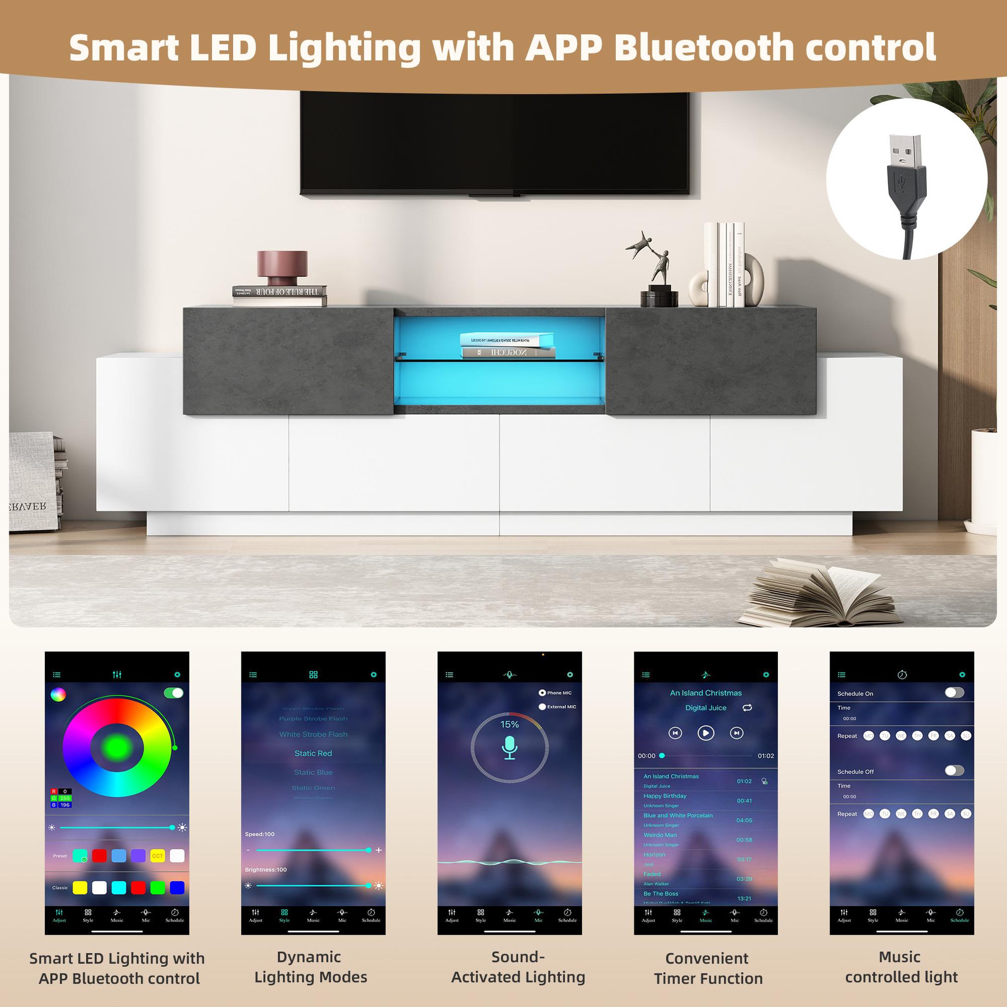 Voir la diapositive 5 : MERAX Meuble tv blanc+noir 180cm led panneaux de particules