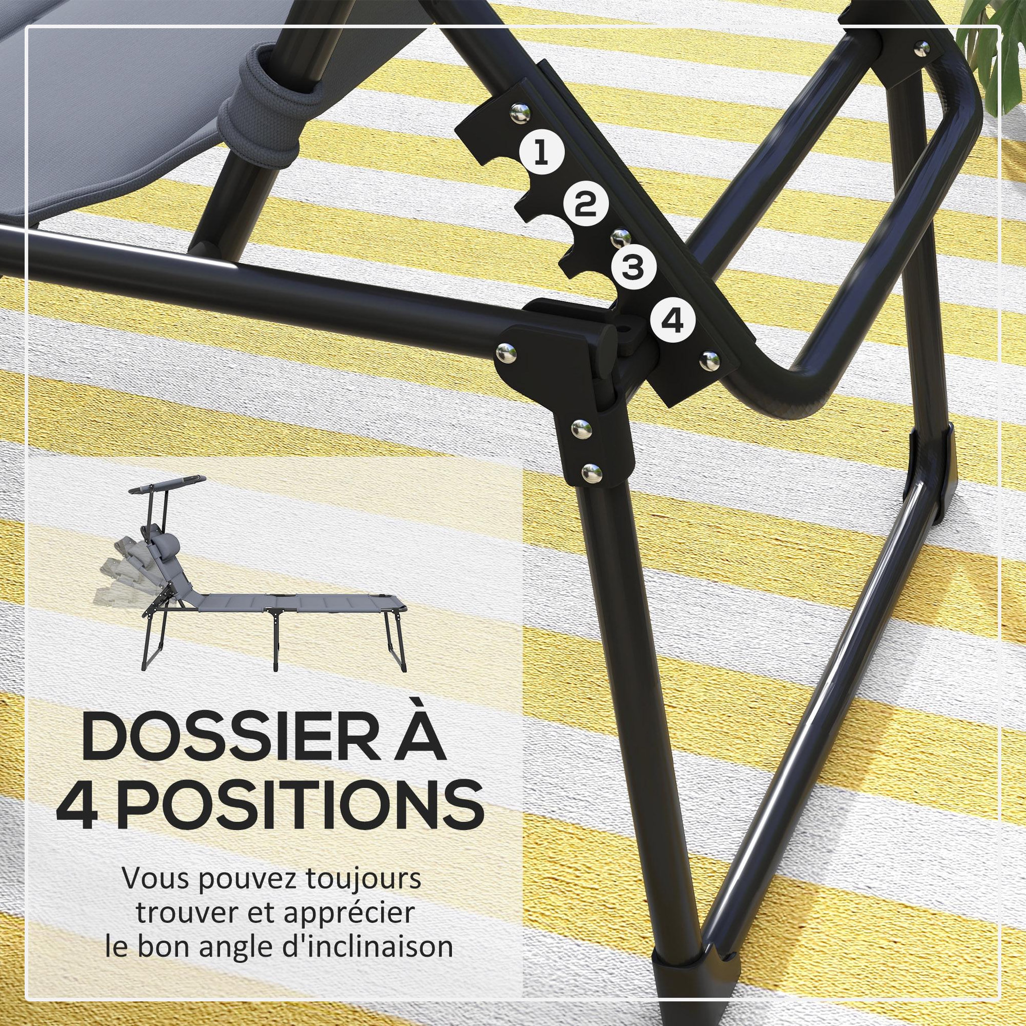 Voir la diapositive 5 : OUTSUNNY Bain de soleil transat inclinable pliable matelassé - pare-soleil, tétière - métal époxy noir tissu gris
