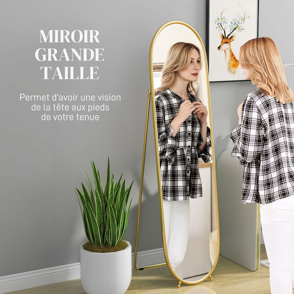 HOMCOM Grand miroir sur pied - miroir mural ovale avec support - dim. 40L x 160H cm - métal doré