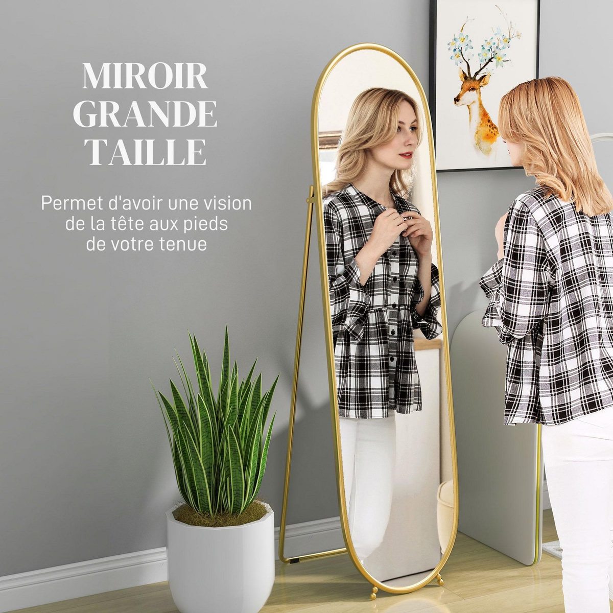 HOMCOM Grand miroir sur pied - miroir mural ovale avec support - dim. 40L x 160H cm - métal doré