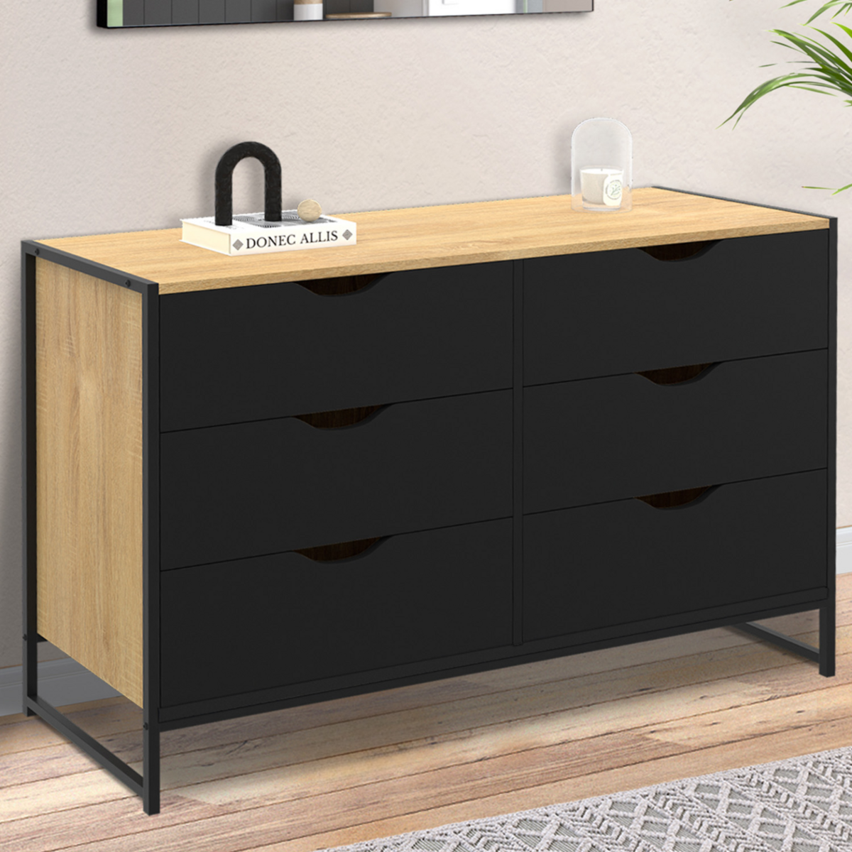 ID MARKET Commode 6 tiroirs noirs BOSTON 115 cm design industriel