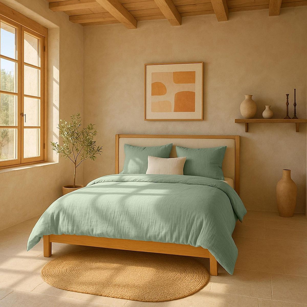 BATON ROUGE Housse de couette 100% gaze de coton lavé vert givrée