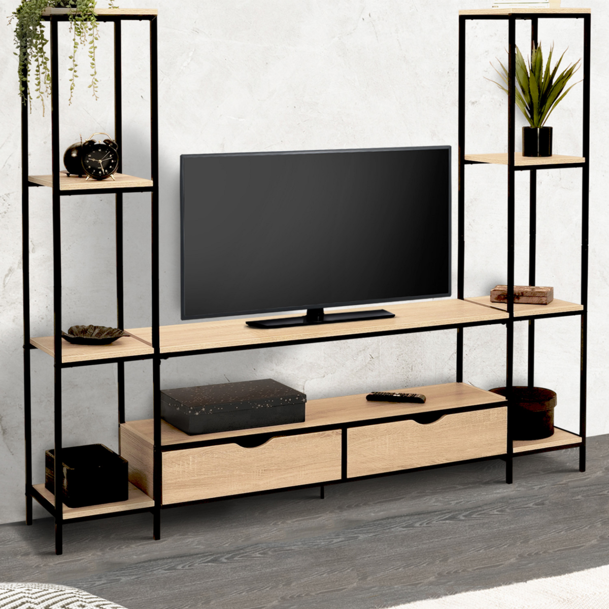 ID MARKET Ensemble meuble TV 164 cm DETROIT avec étagères design industriel