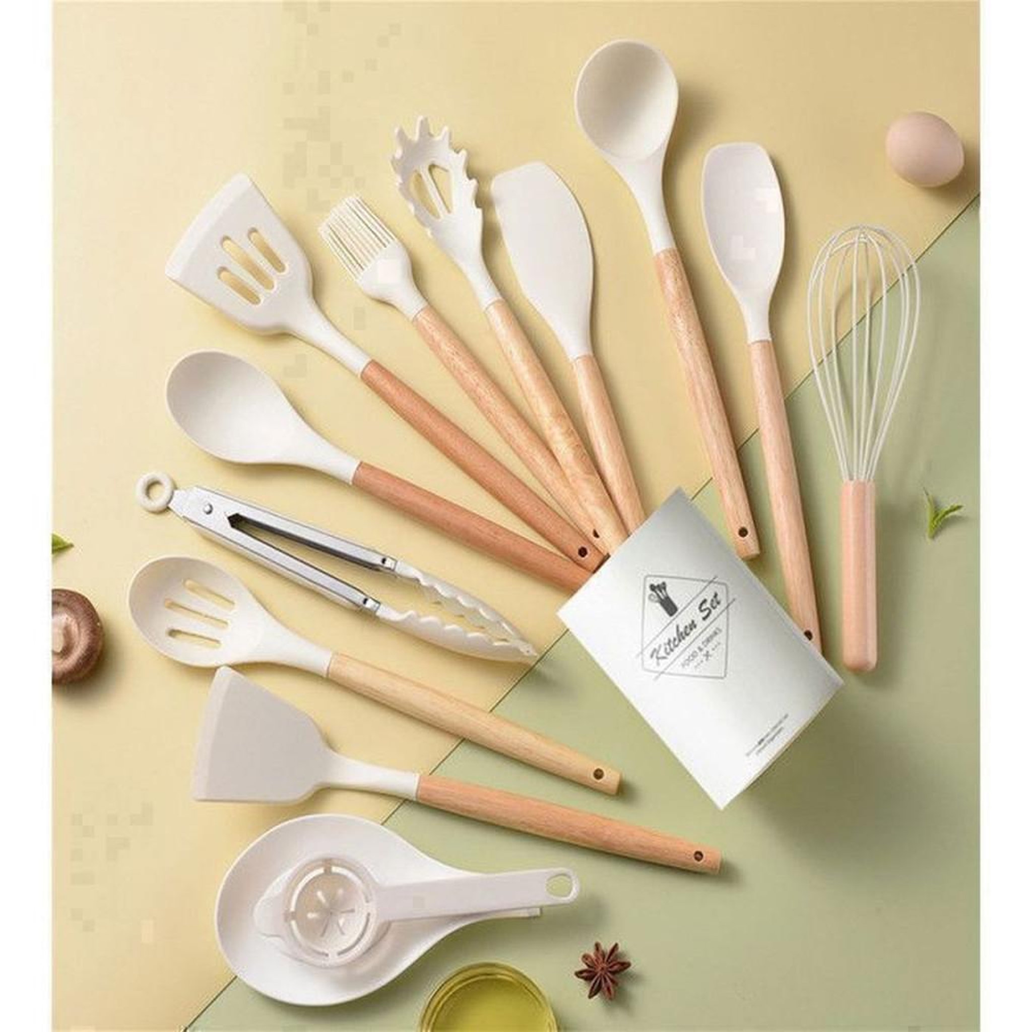 Voir la diapositive 2 : Set d'ustensiles de cuisine en silicone alimentaire 14 pièces blanc, antiadhésifs, résistance 250°C, compatible lave-vaisselle