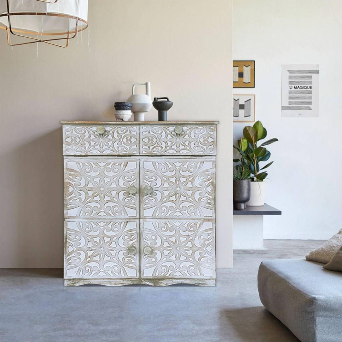 Paris Prix Buffet Design en Bois Sculpté  Ronny II  85cm Blanc