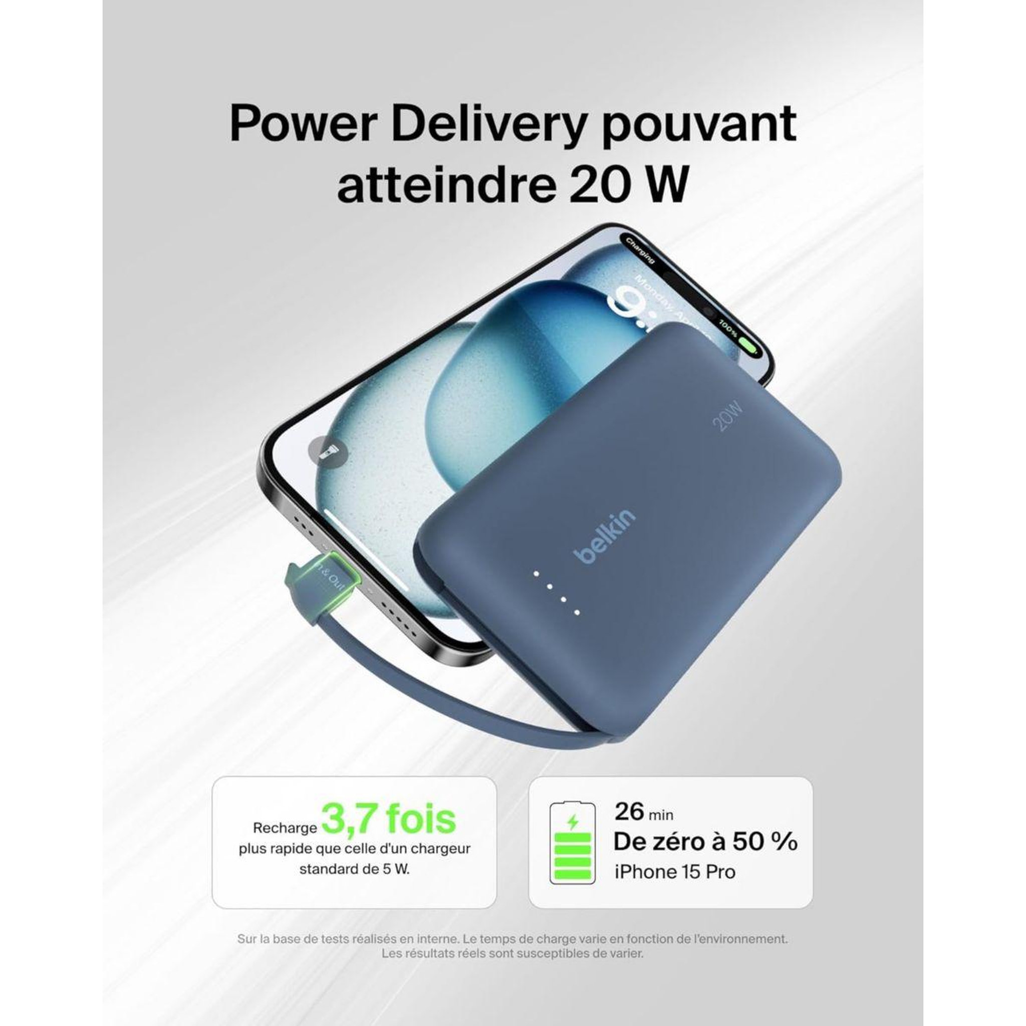 Voir la diapositive 5 : Belkin Batterie externe 10000 mah avec cable usb-c intégre bleu