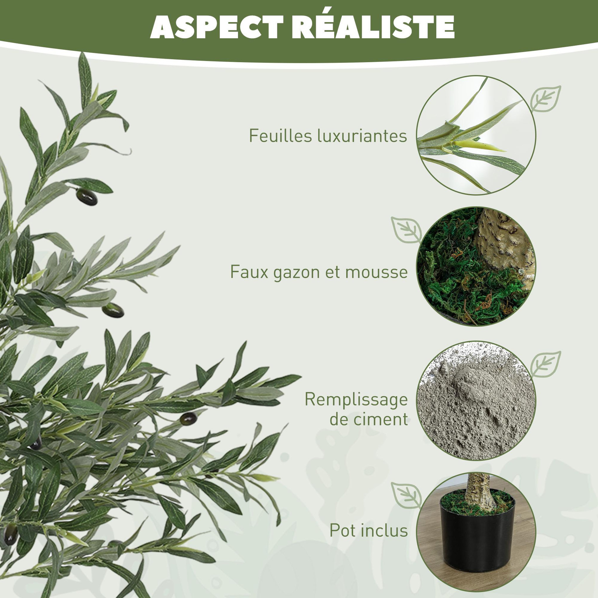 Voir la diapositive 6 : HOMCOM Olivier artificiel H.120 cm - grand réalisme - 450 feuilles en soie, 20 olives - mousse effet lichen pot inclus