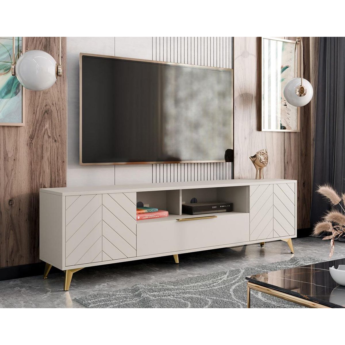 BEST MOBILIER Boccioni - meuble tv - beige - 2 portes, 1 tiroir et 1 niche - 200 cm