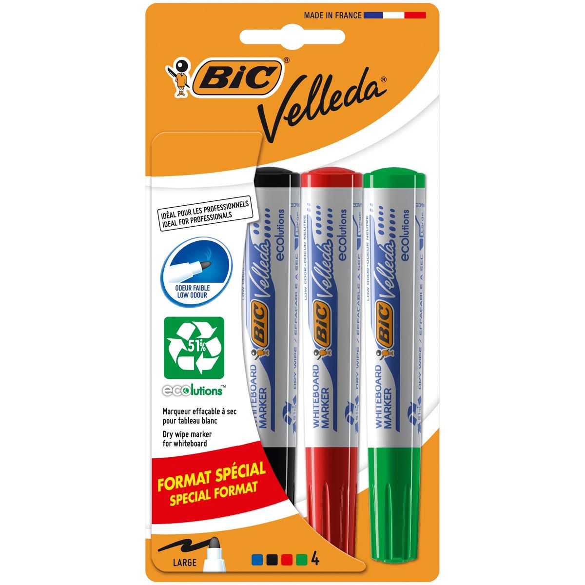 BIC Feutres pour tableau blanc effaçables à sec pointe conique moyenne bleu/noir/rouge/vert VELLEDA 1701 ECOLUTIONS (lot de 4)