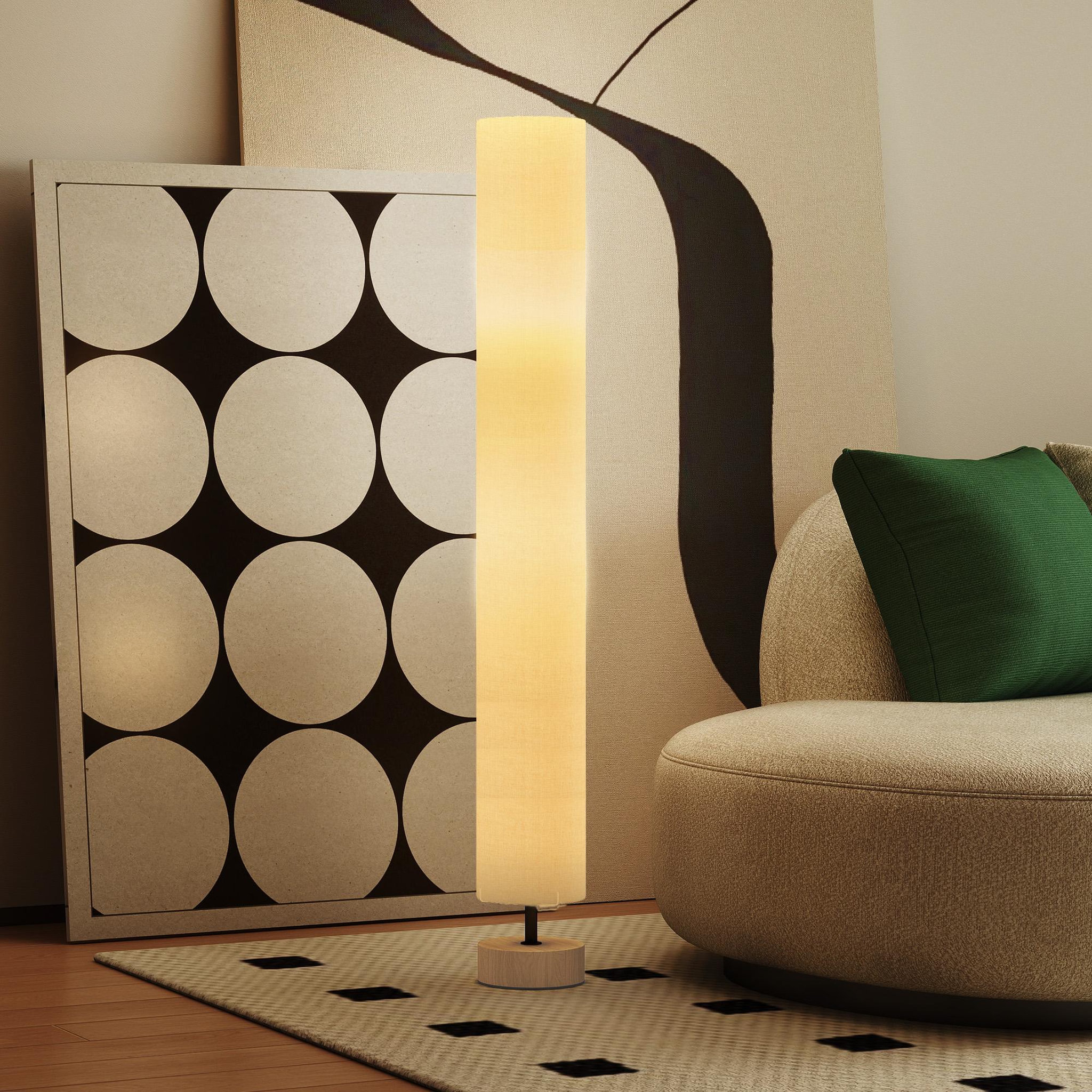 Voir la diapositive 4 : HOMCOM Lampadaire colonne sur pied bois contemporain h.120 cm abat-jour lin beige
