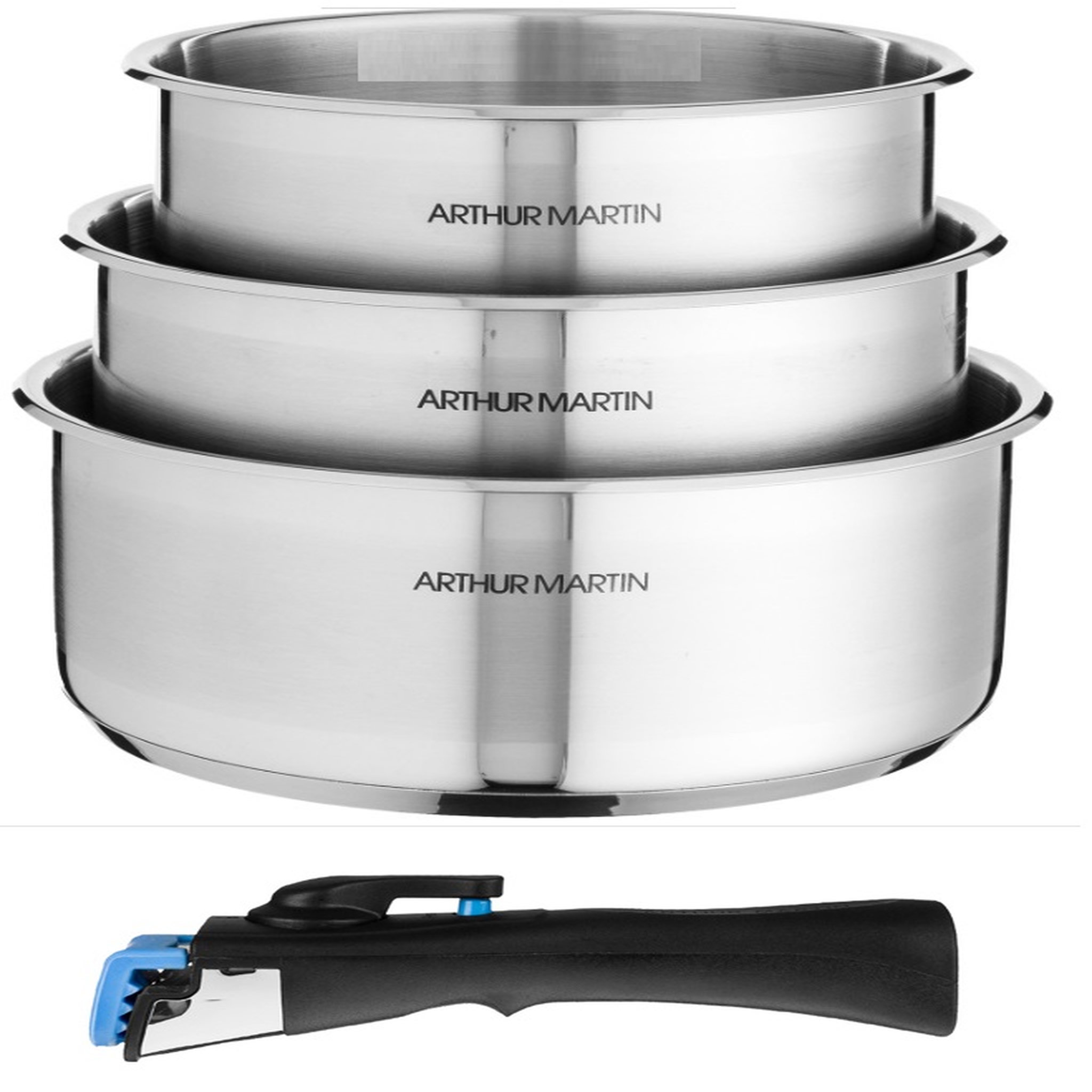 Arthur Martin Lot de 3 casseroles 16/18/20 cm en inox + 1 poignée