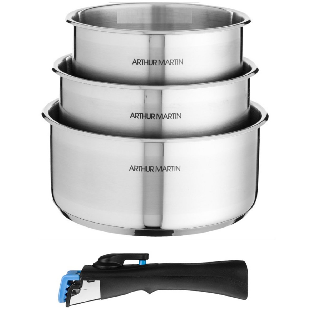 Arthur Martin Lot de 3 casseroles 16/18/20 cm en inox + 1 poignée