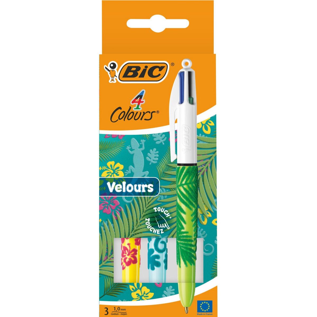 BIC Lot de 3 stylos bille 4 couleurs rétractable pointe moyenne Velours 1jaune/1bleu/1vert à motifs