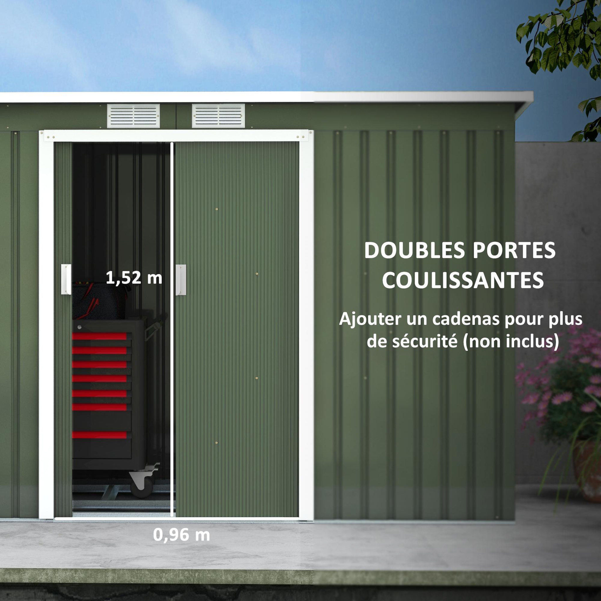 Voir la diapositive 4 : OUTSUNNY Abri de jardin - remise pour outils - cabanon portes verrouillables - dim. 2,8L x 1,3l x 1,72H m - tôle d'acier gris vert