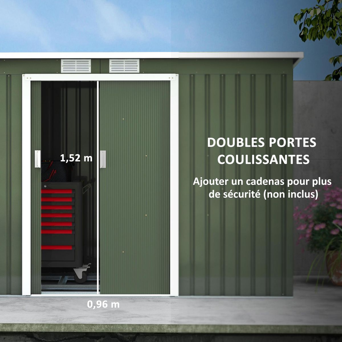 OUTSUNNY Abri de jardin - remise pour outils - cabanon portes verrouillables - dim. 2,8L x 1,3l x 1,72H m - tôle d'acier gris vert