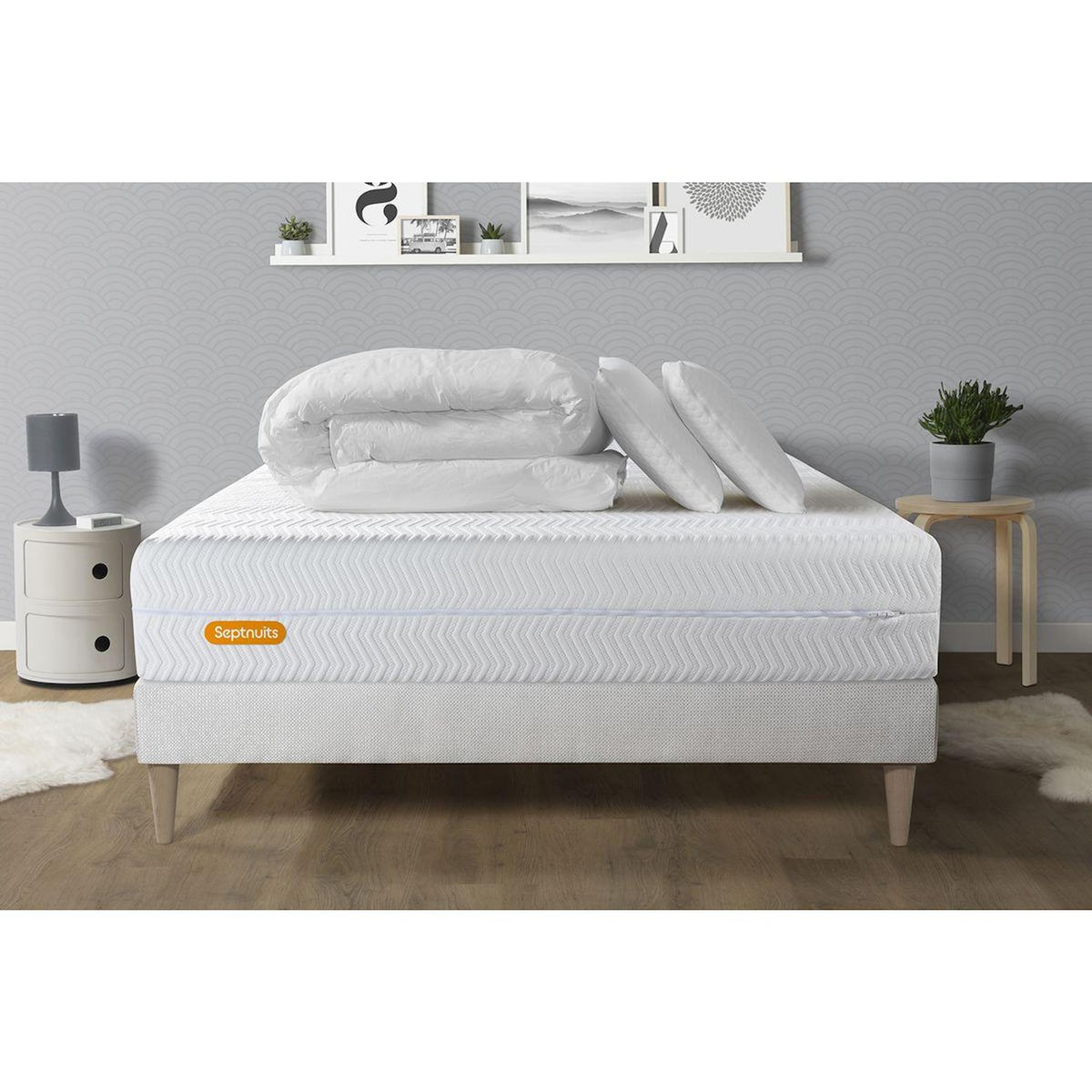 SEPTNUITS PACK Matelas + sommier kit blanc Memo Bio Mousse à mémoire de forme Maxi épaisseur + Couette + 2 oreillers