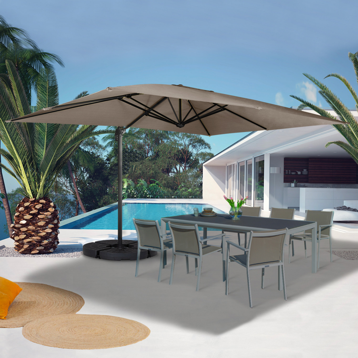 ID MARKET Parasol déporté inclinable rotatif 360 CALVI taupe 3x4 M avec 4 dalles et housse