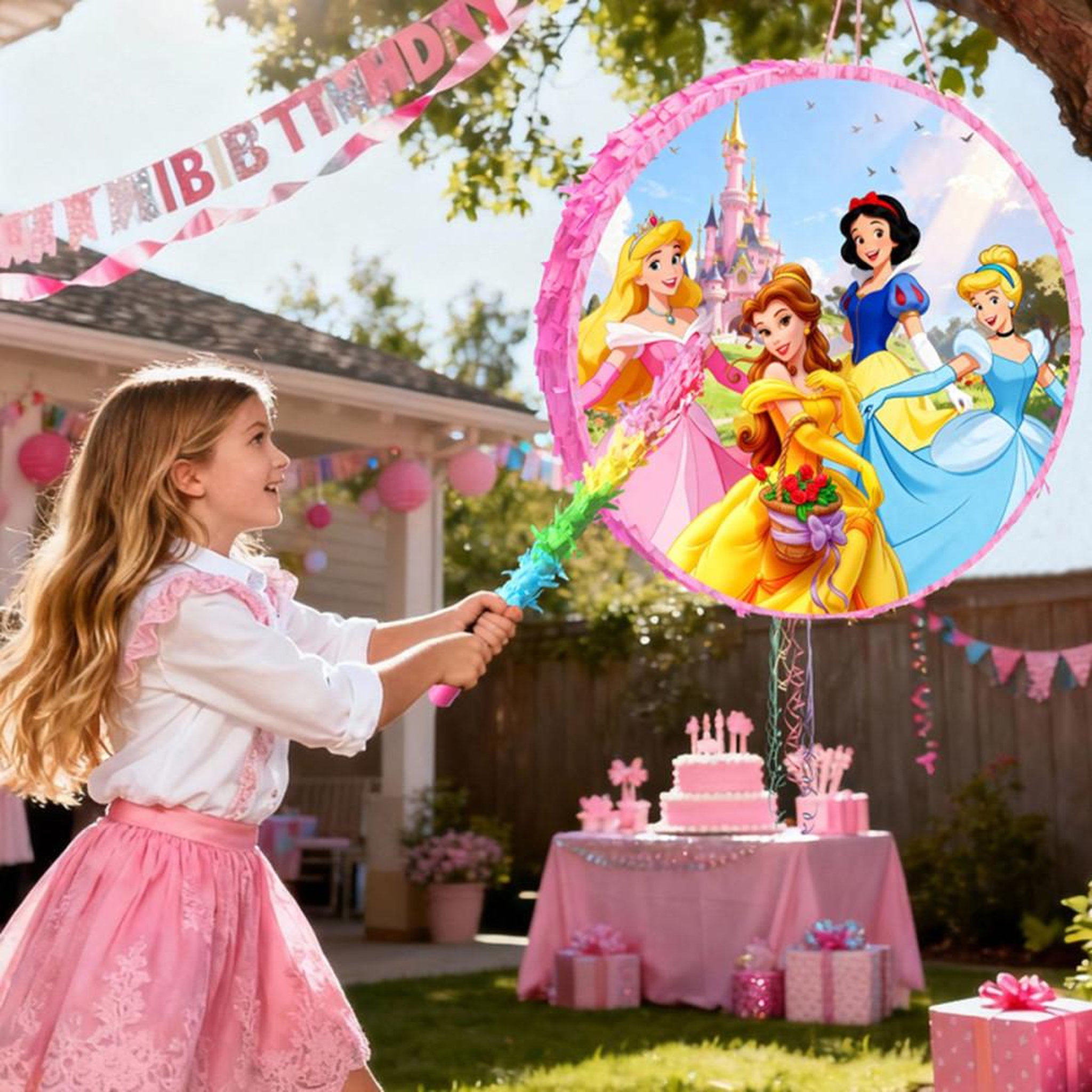 Voir la diapositive 3 : Piñata princesse ronde multicolore avec masque pour les yeux, bâton, confettis et anneau de suspension
