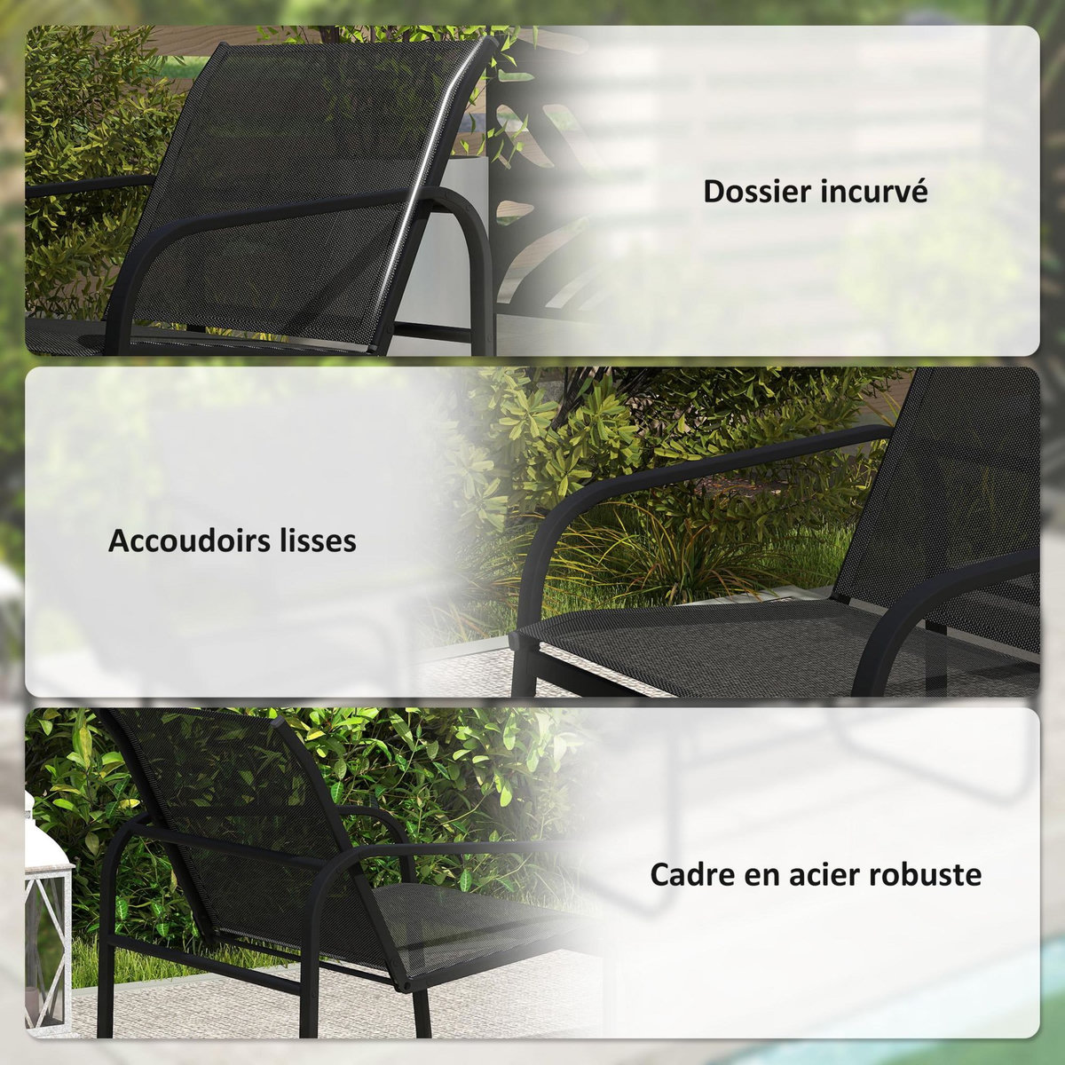 OUTSUNNY Ensemble salon de jardin relax 6 personnes 5 pièces plateau verre trempé acier textilène noir