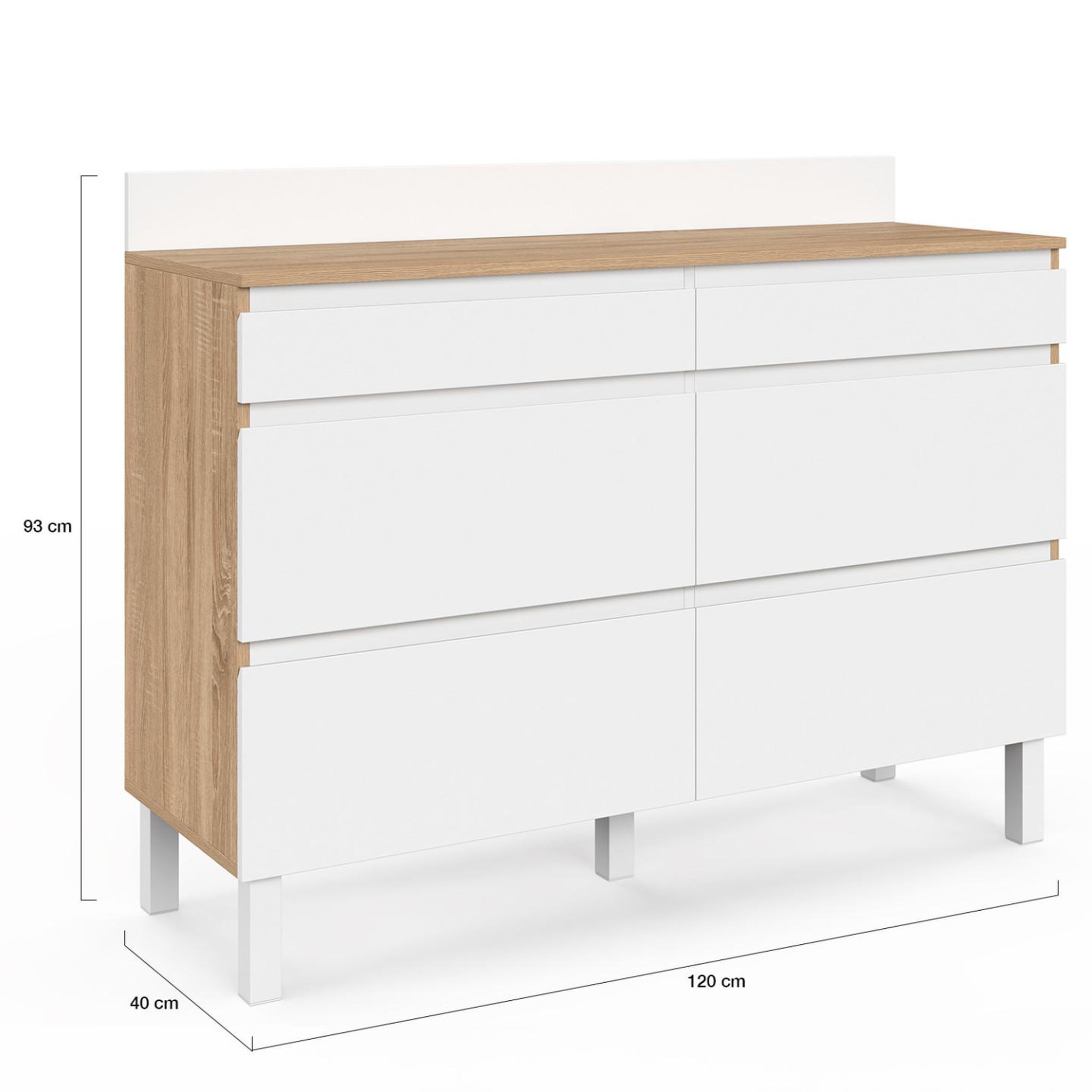 Voir la diapositive 5 : ID MARKET Buffet bas double casserolier de cuisine 120 cm claude plan de travail h. 83 cm 6 tiroirs bois et blanc