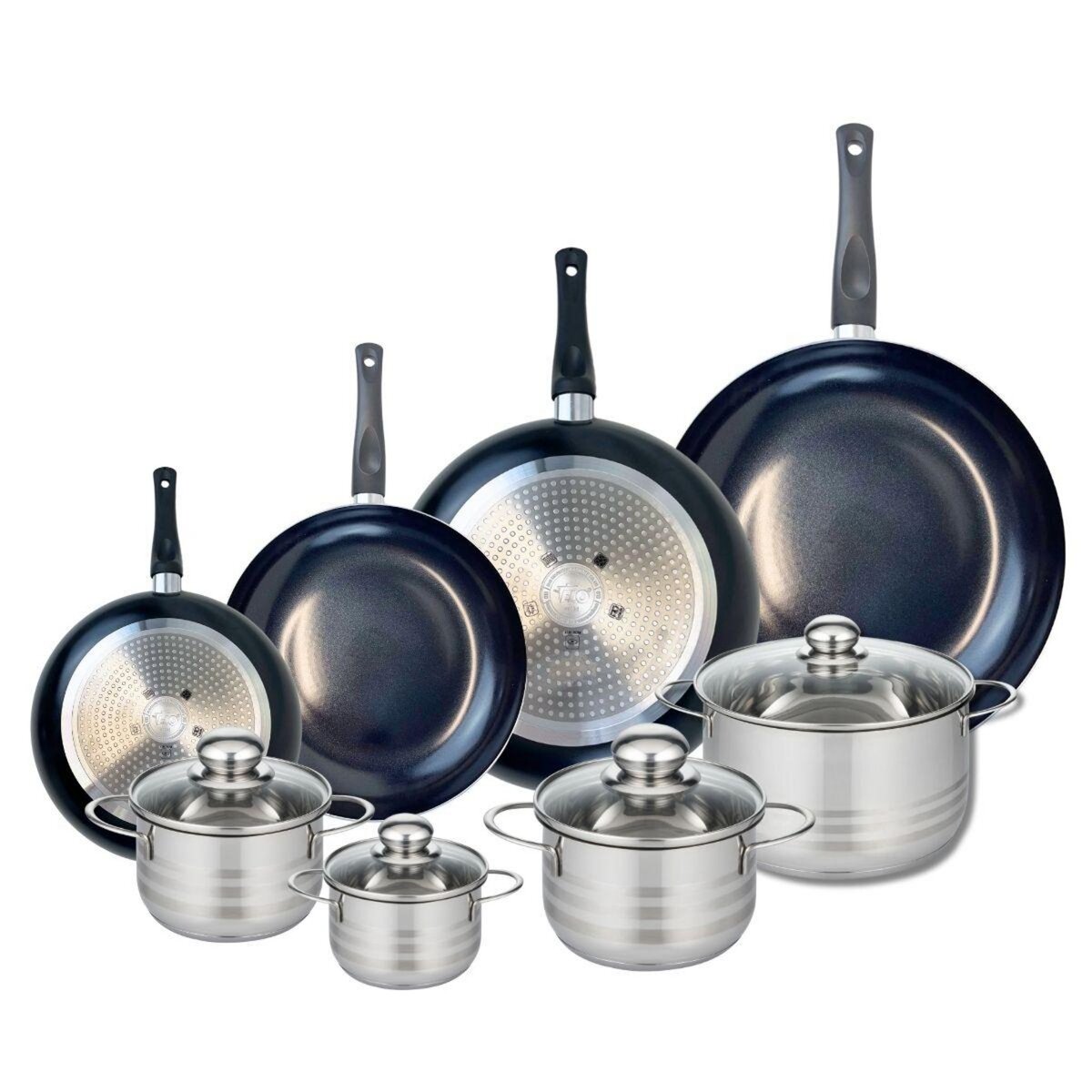 ELO Ensemble de 4 Poêles de cuisson 20, 24, 28 et 32 cm et 4 faitouts 12, 14, 16 et 20 cm Elo Prima Brillant