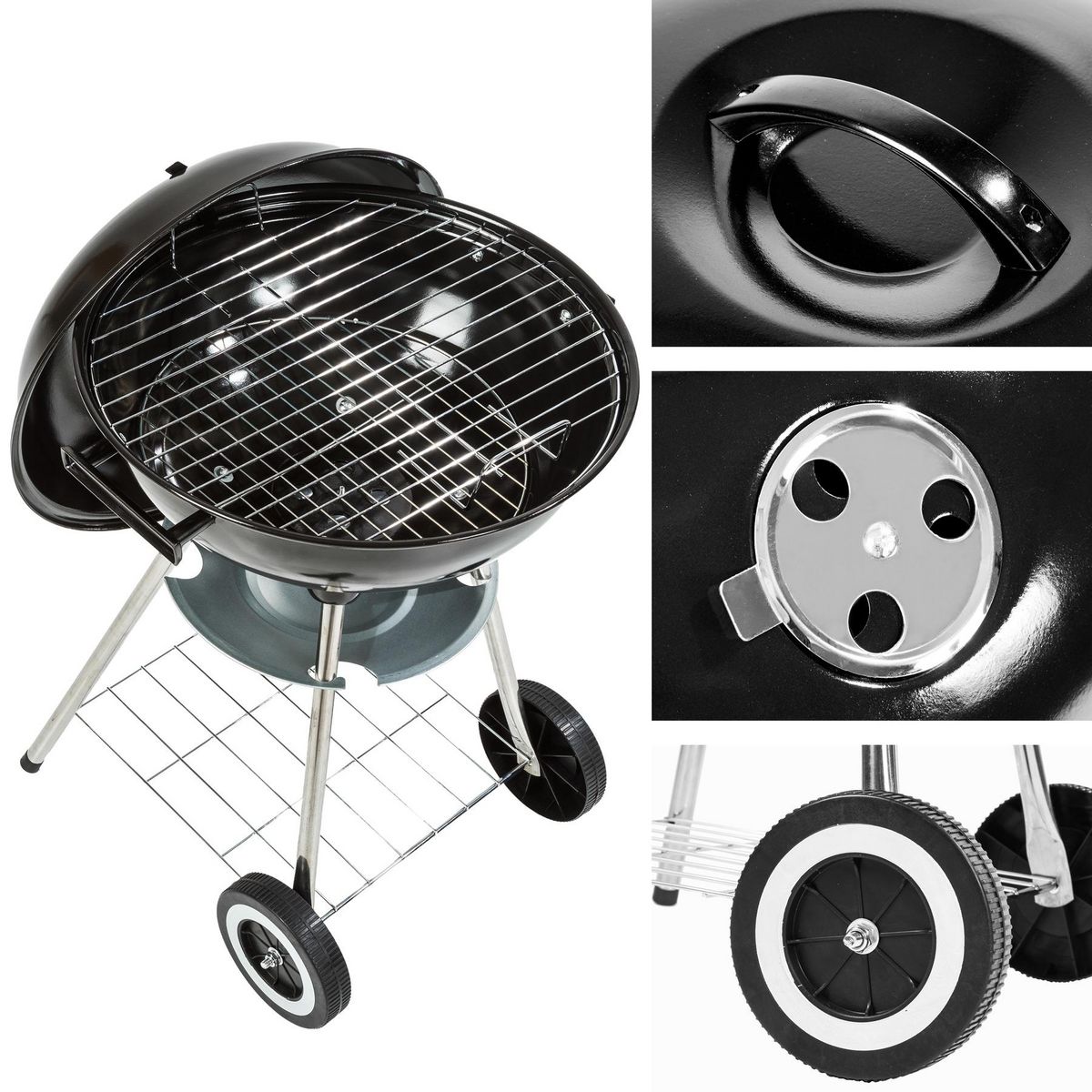 tectake Barbecue charbon sur roues sur 2 roues noir