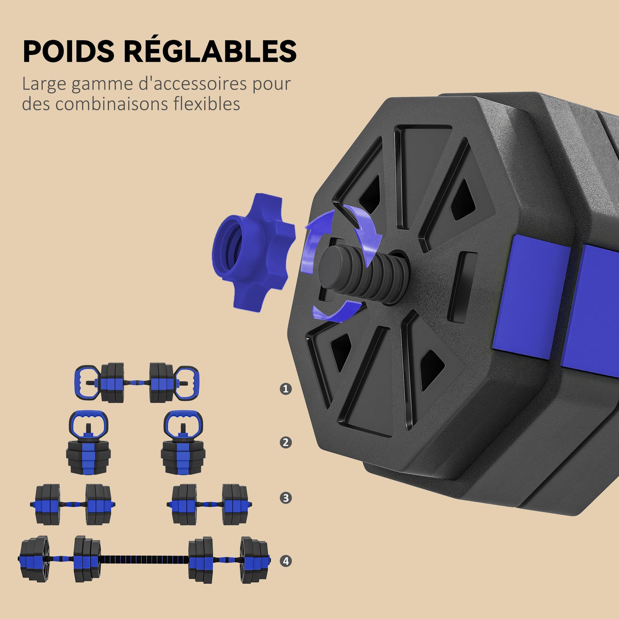 Voir la diapositive 6 : HOMCOM Ensemble d'haltères musculation multifonction 4 en 1 - haltères, kettlebell, push-up support, olympic barre - total 25kg - pvc bleu noir
