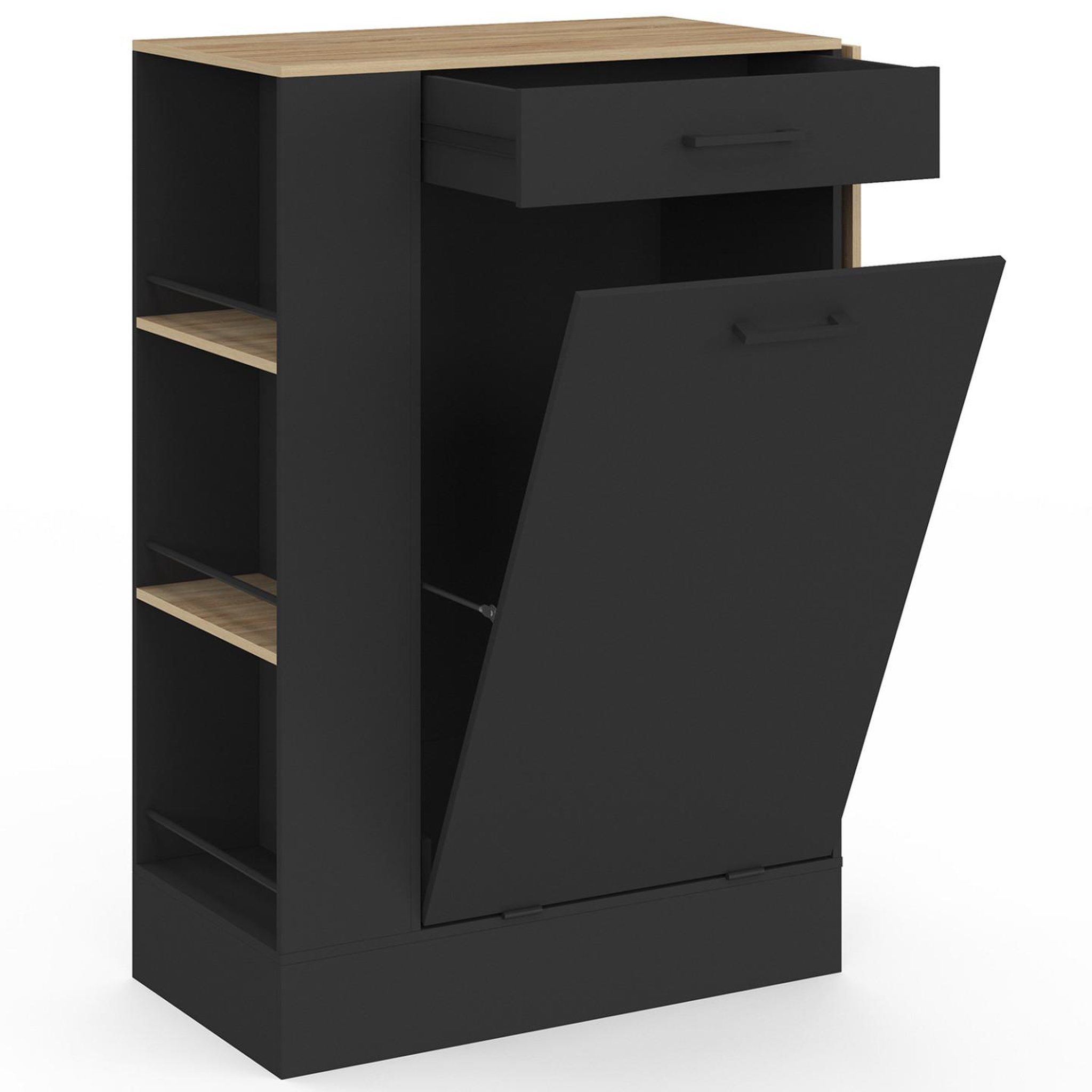 Voir la diapositive 4 : ID MARKET Buffet de cuisine compact 90 cm tibo avec espace poubelle, tablette rabattable, 1 tiroir et 3 étagères latérales bois et noir
